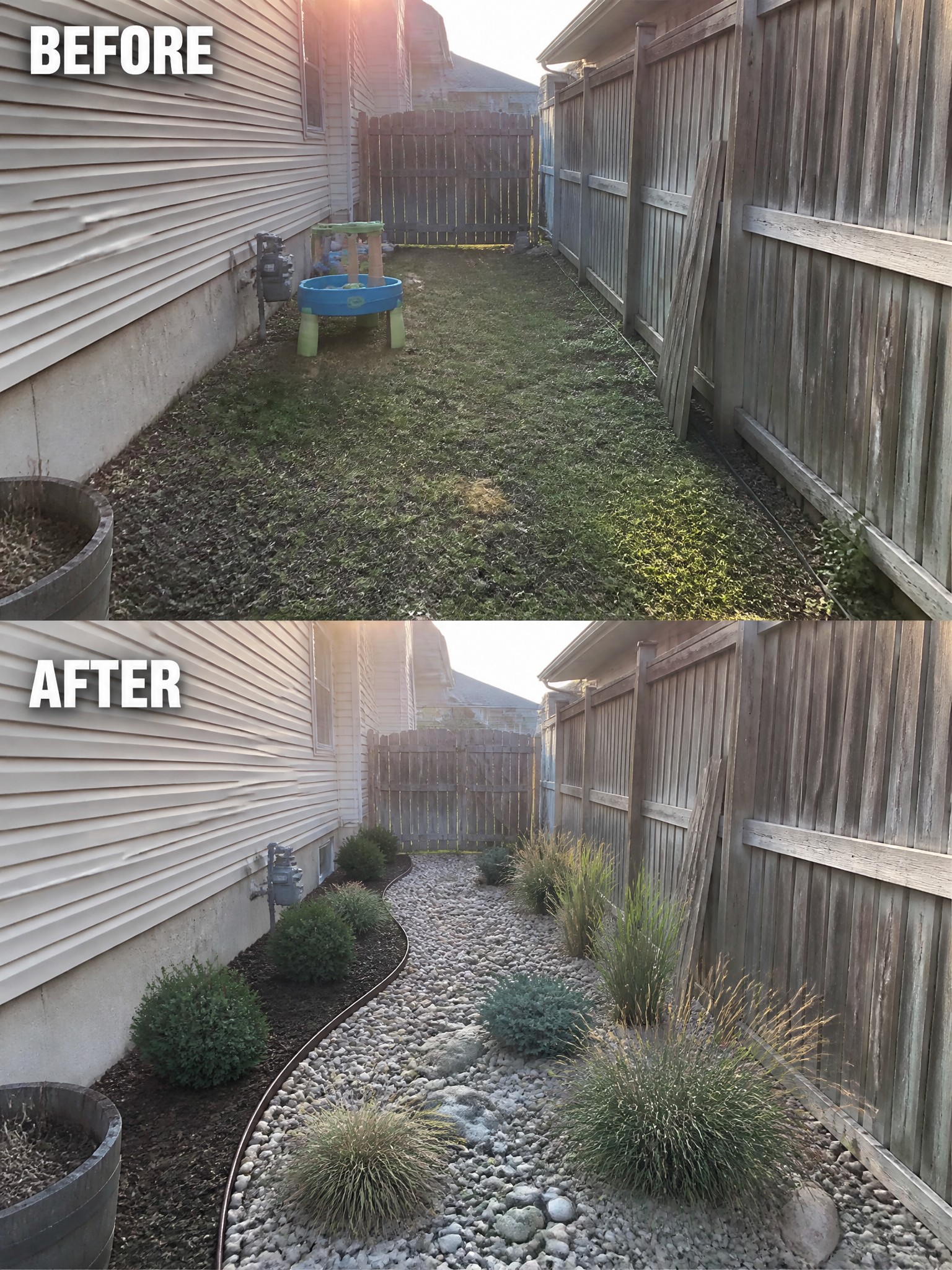 Before and after of backyard transformed with gravel path, mulch, and plants