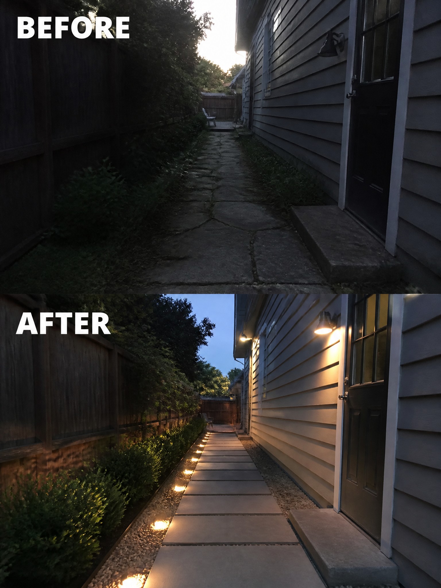 Before-and-after image of an overgrown side yard path transformed with path lighting, gravel borders, and trimmed plants.