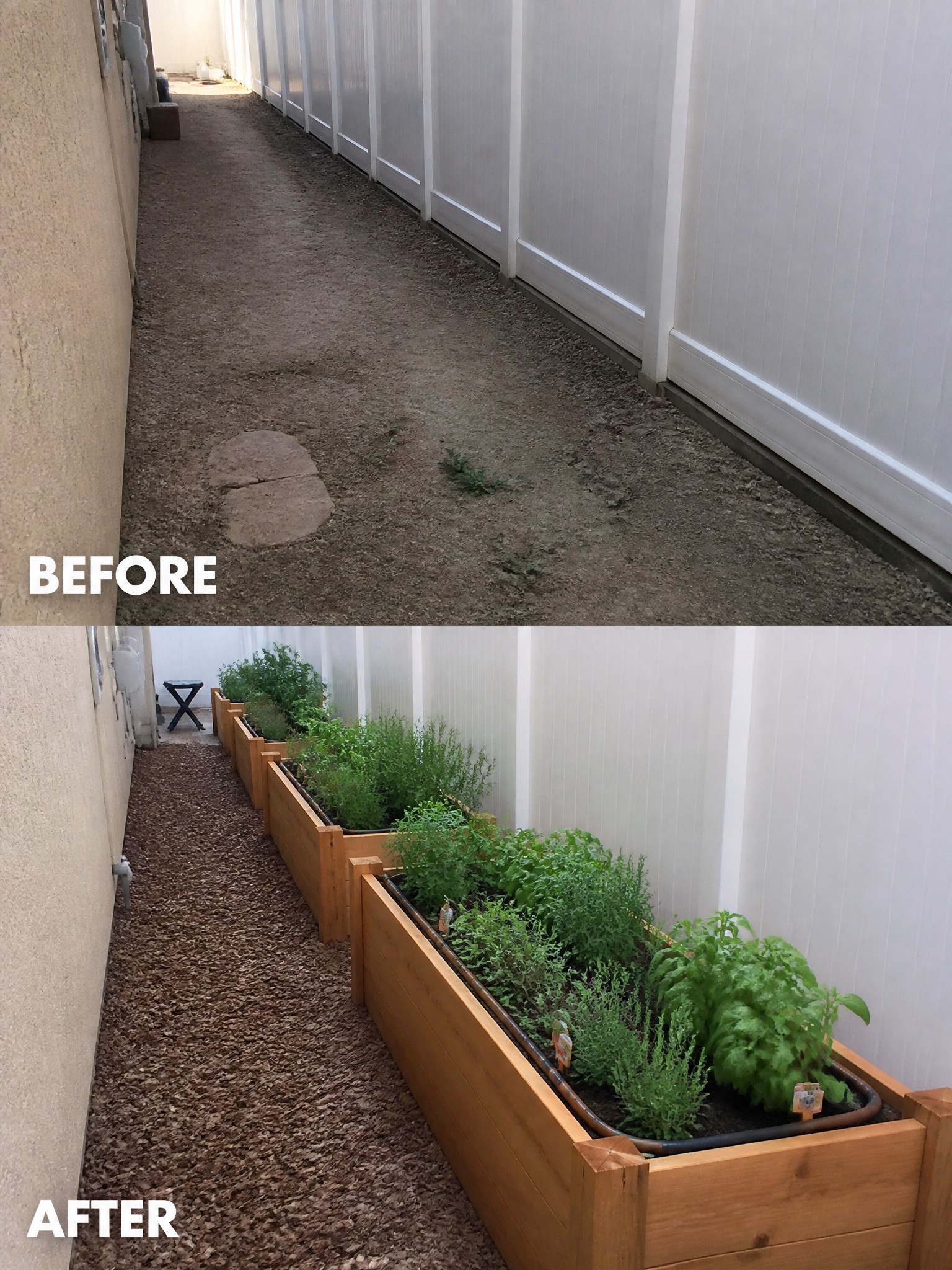 Before-and-after view of alleyway transformed into garden with wooden raised beds.