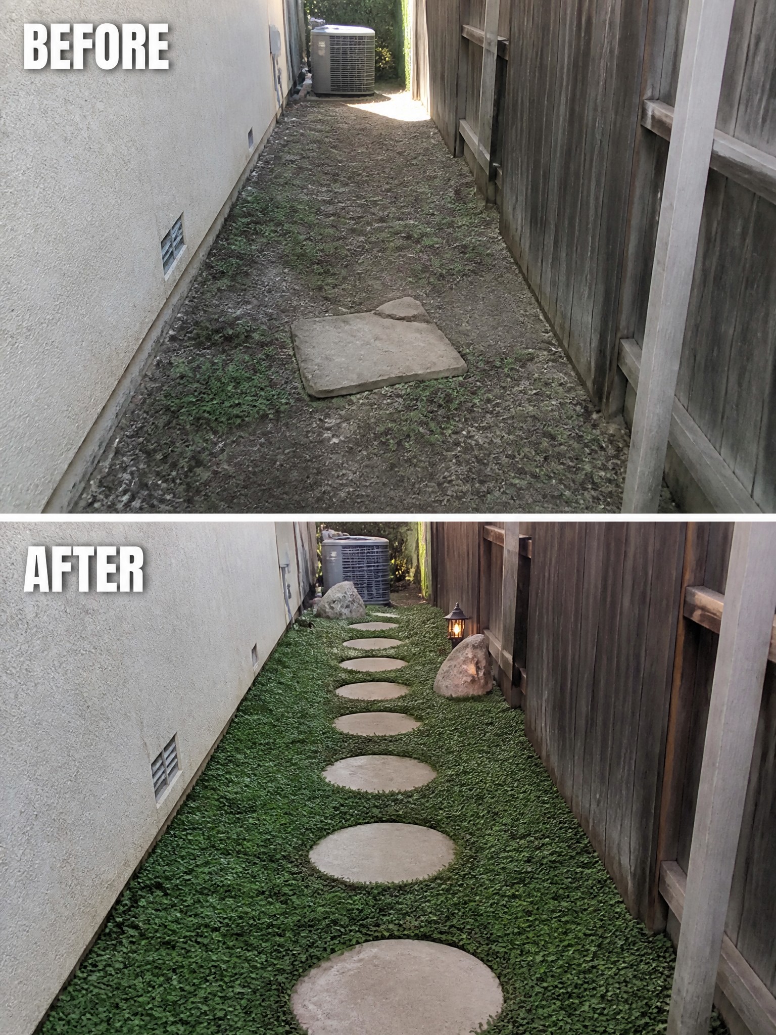 Before and after of narrow path from dirt to green groundcover with stepping stones.
