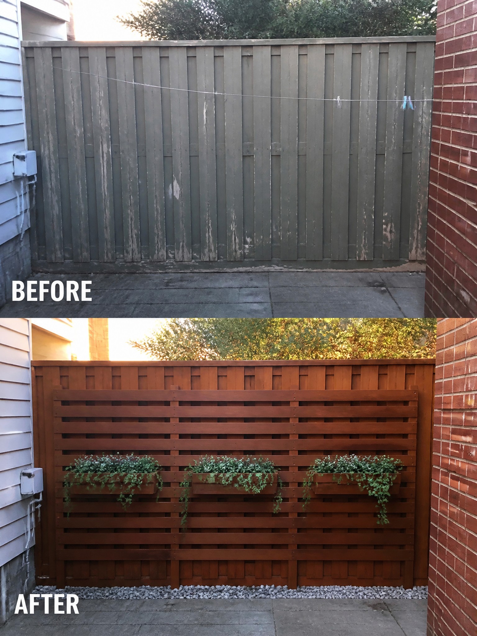 Before and after of weathered gray fence stained brown with added planters and gravel.