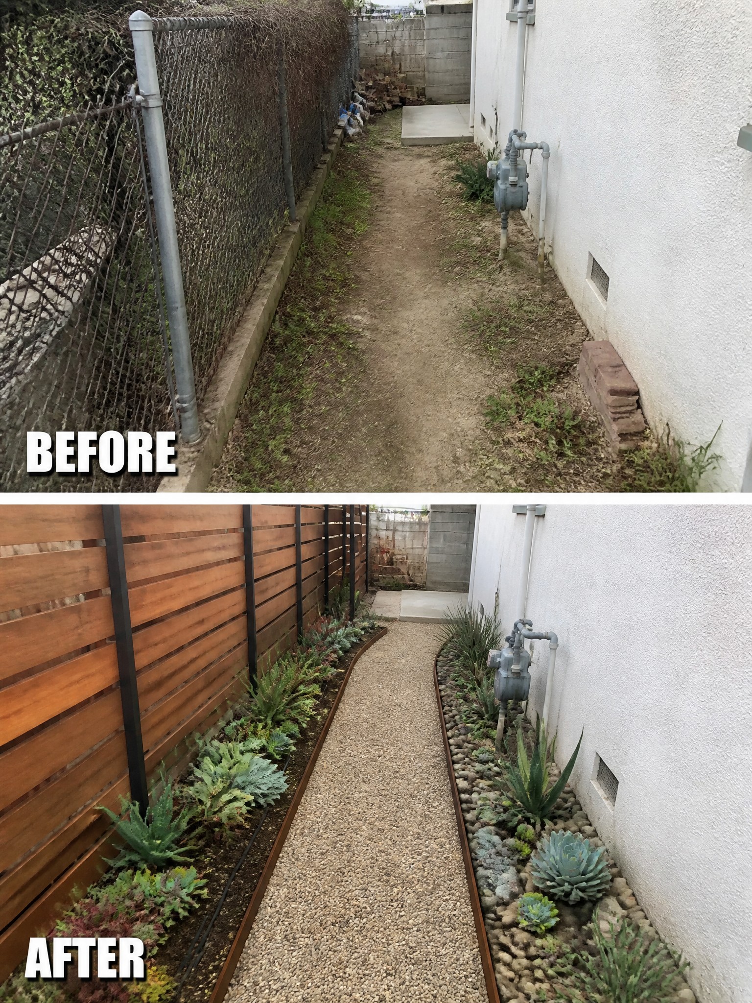 Before and after of narrow dirt path transformed into gravel walkway with succulent landscaping.