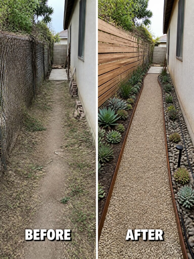 19 Low Maintenance Side Yard Transformation Ideas for Tight Spaces Before and after of narrow dirt path transformed into gravel walkway with succulent landscaping.