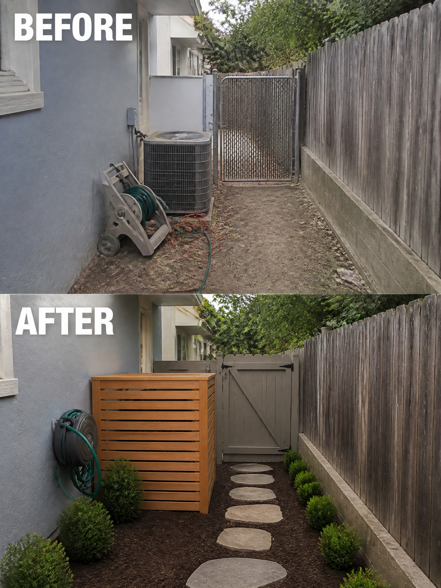 Before and after of backyard makeover with AC enclosure, stone path, and shrubs.