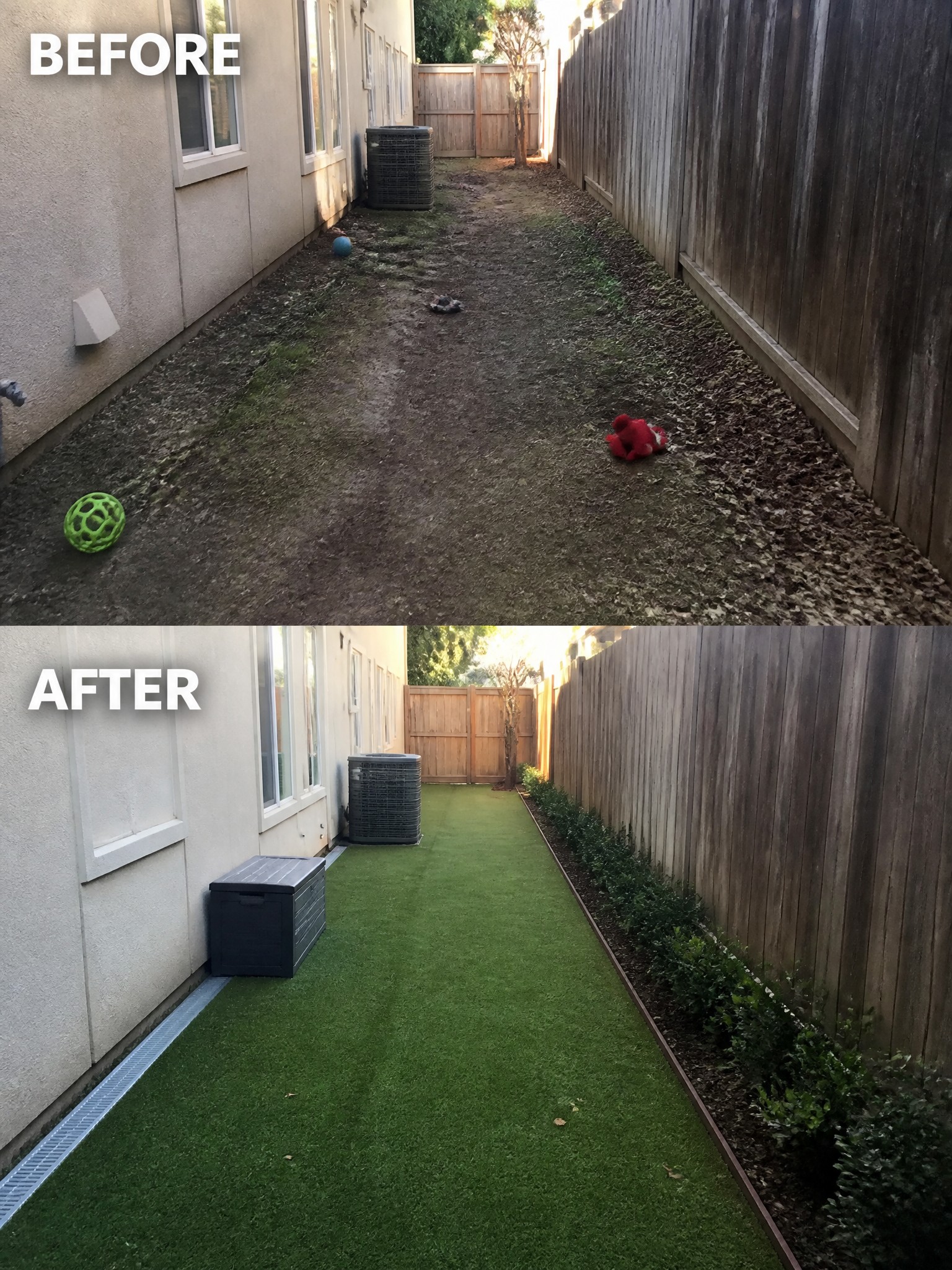 Before-and-after of narrow yard path with artificial turf replacing dirt, debris and toys.