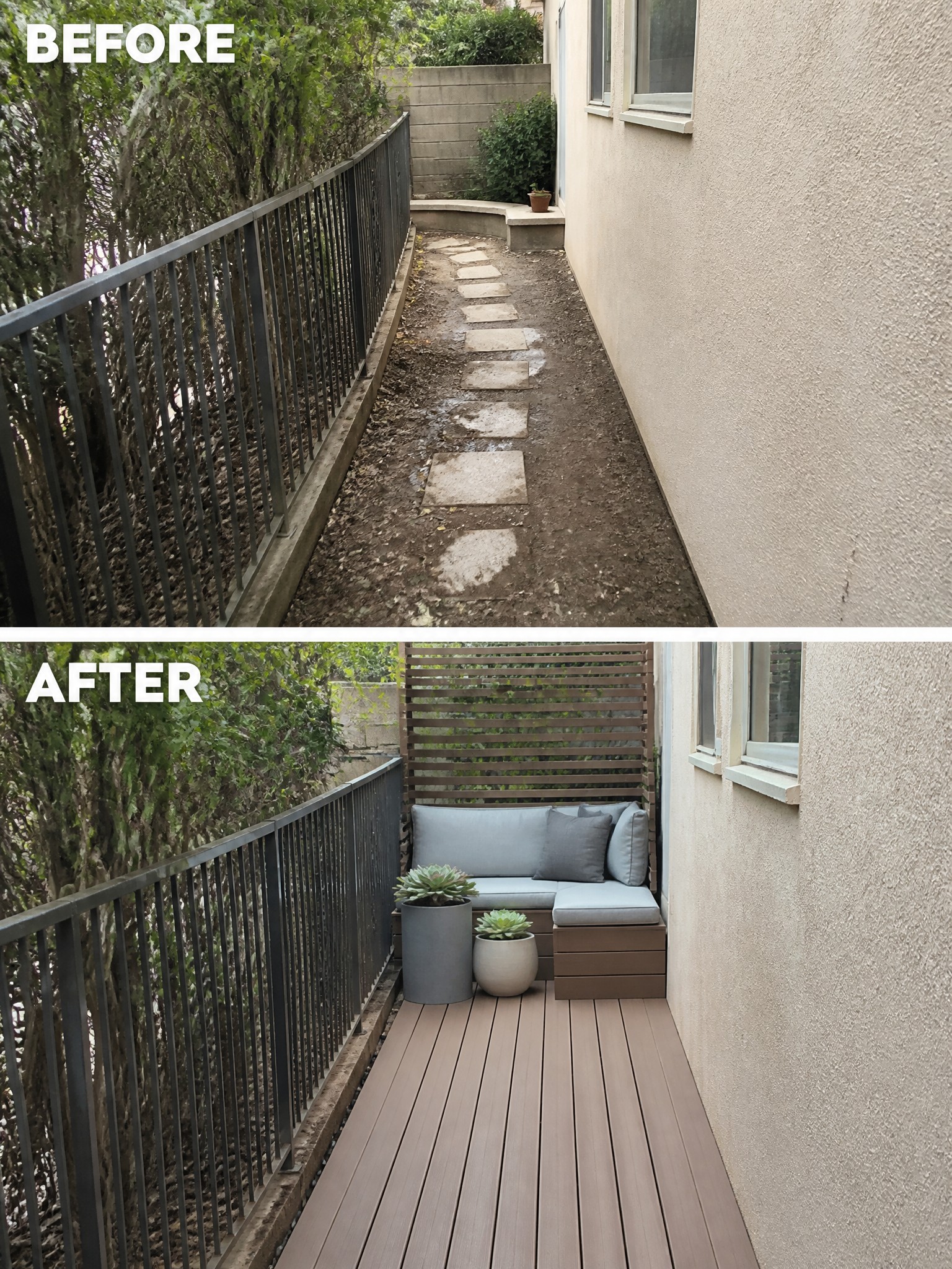 Before-and-after image of a narrow side yard transformed from a dirt path into a decked seating area with a built-in bench and planters.
