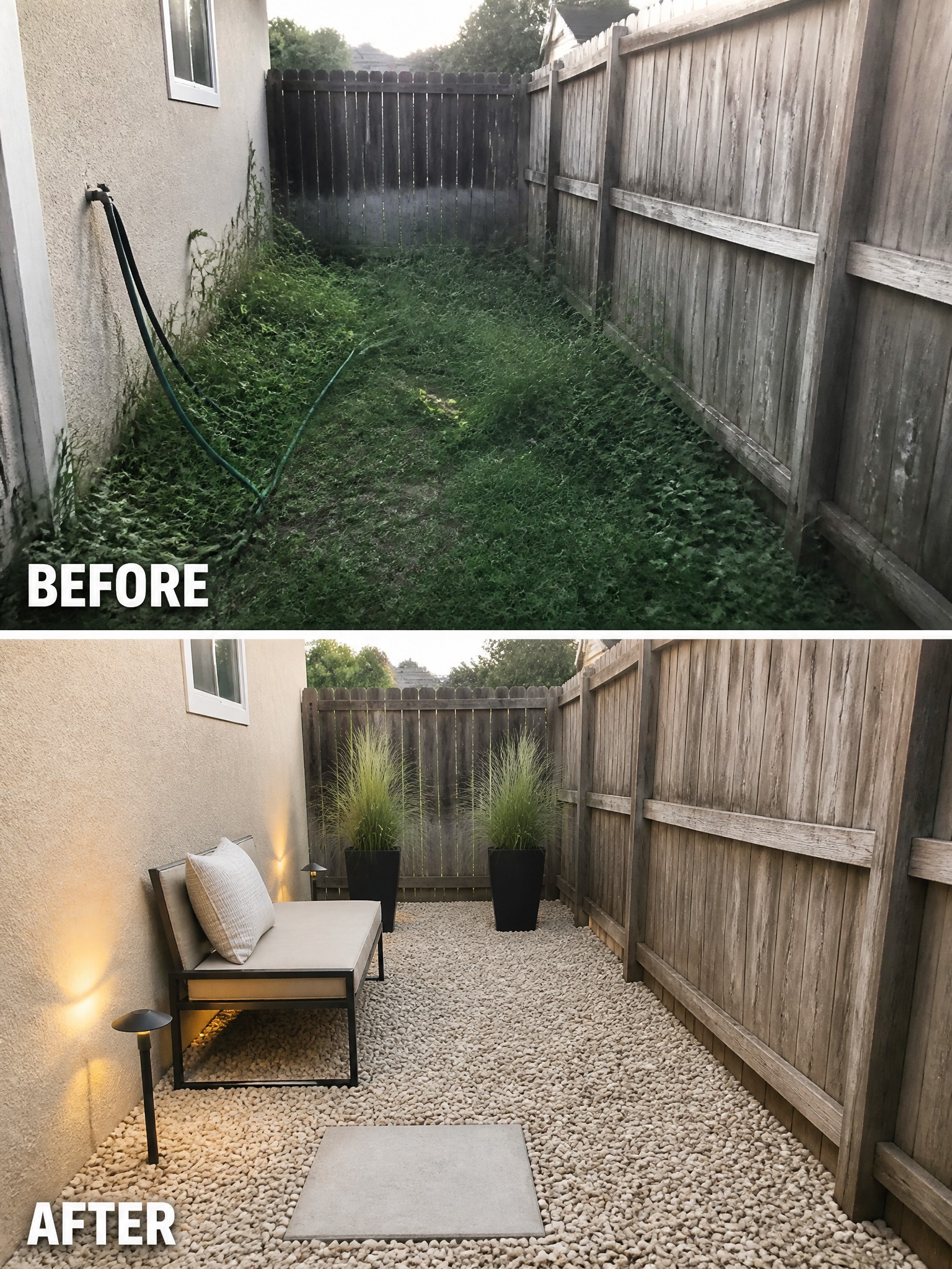 Before and after of overgrown backyard cleaned into gravel patio with furniture and plants
