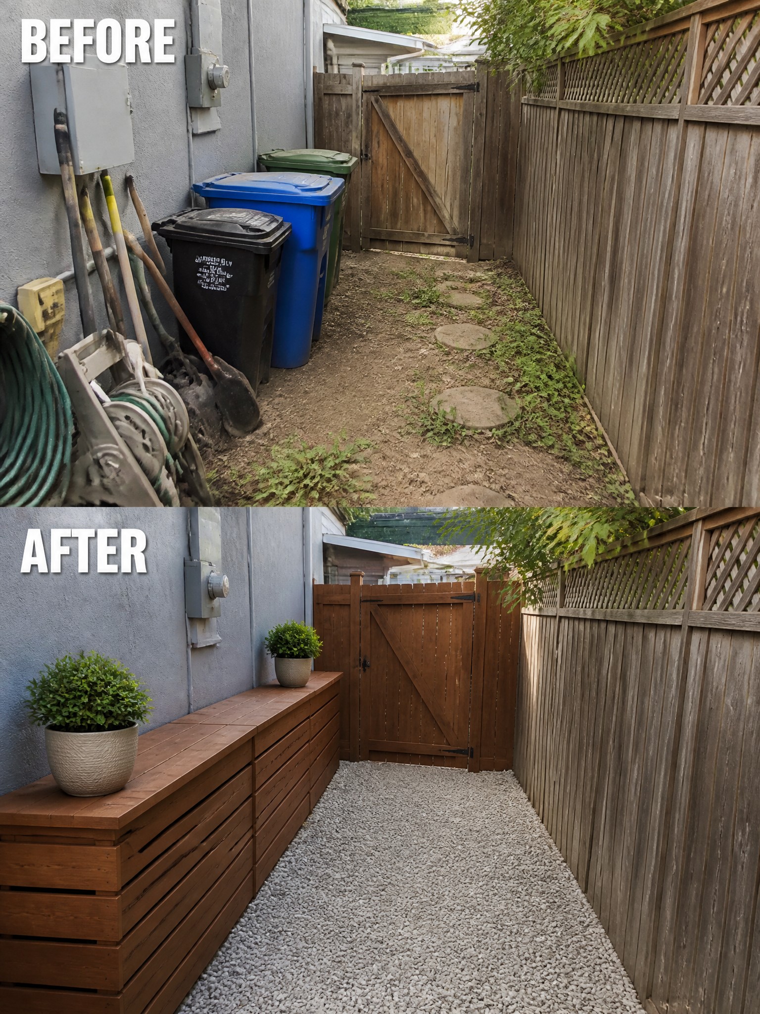 Before-and-after image of a cluttered side yard transformed with gravel, a wooden storage bench, and potted plants.