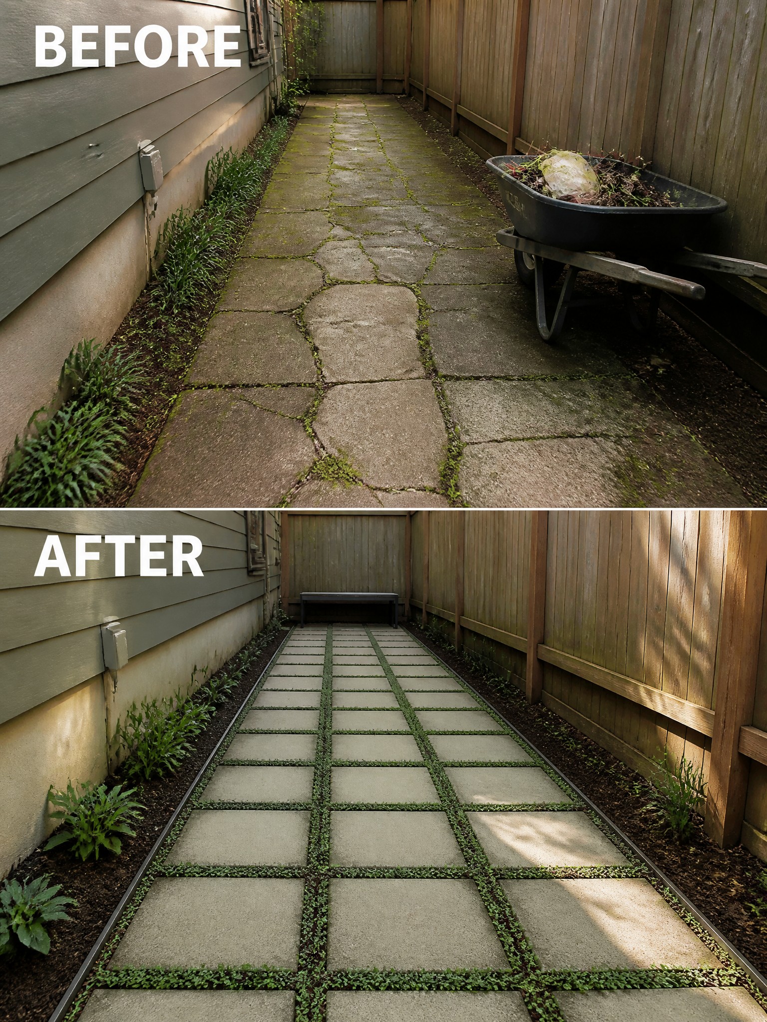 Before and after of mossy stone path renovated into neat grid pavers with plants