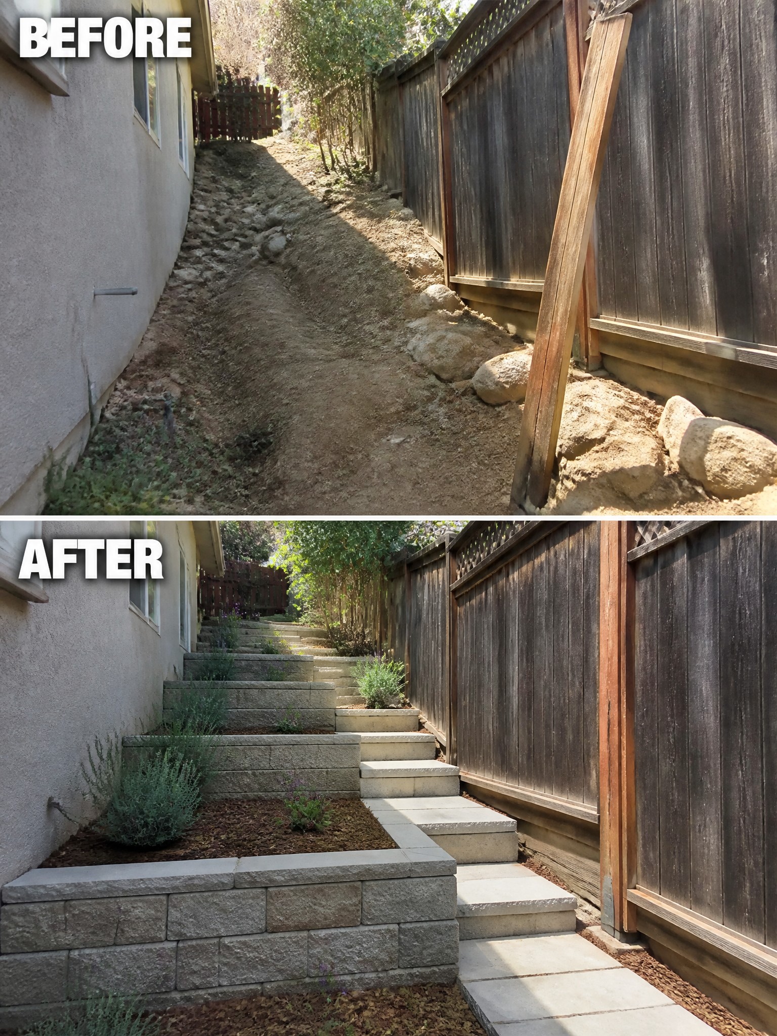 Before-and-after image of a steep dirt side yard changed into tiered stone steps with retaining walls and planted beds.
