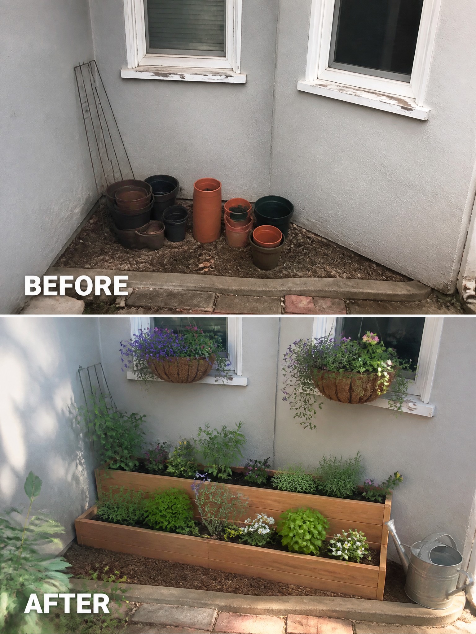 Before and after of a garden corner with stacked pots and lush wooden planters.
