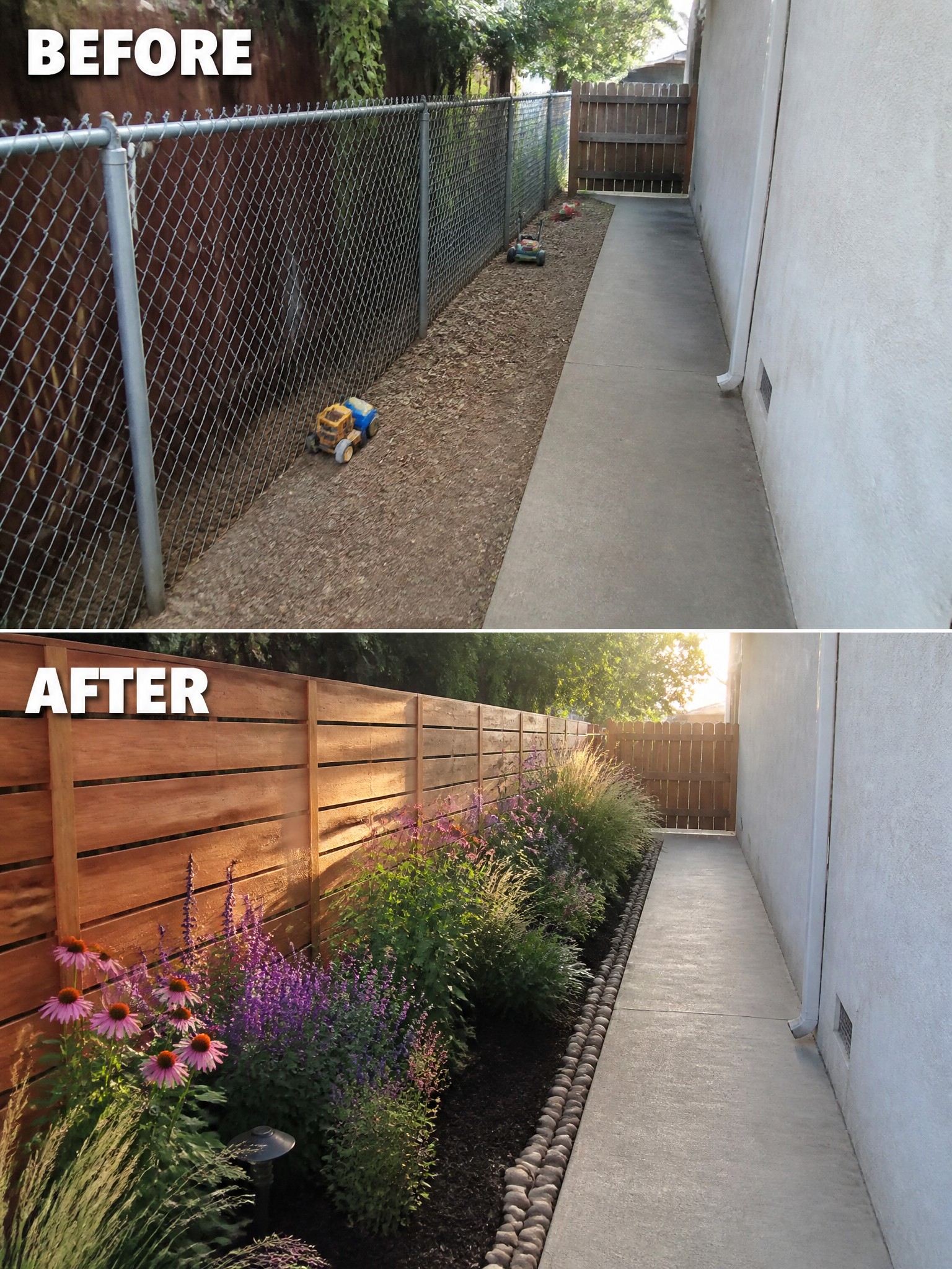 Before-and-after of chain-link fence replaced by wooden fence and flower garden
