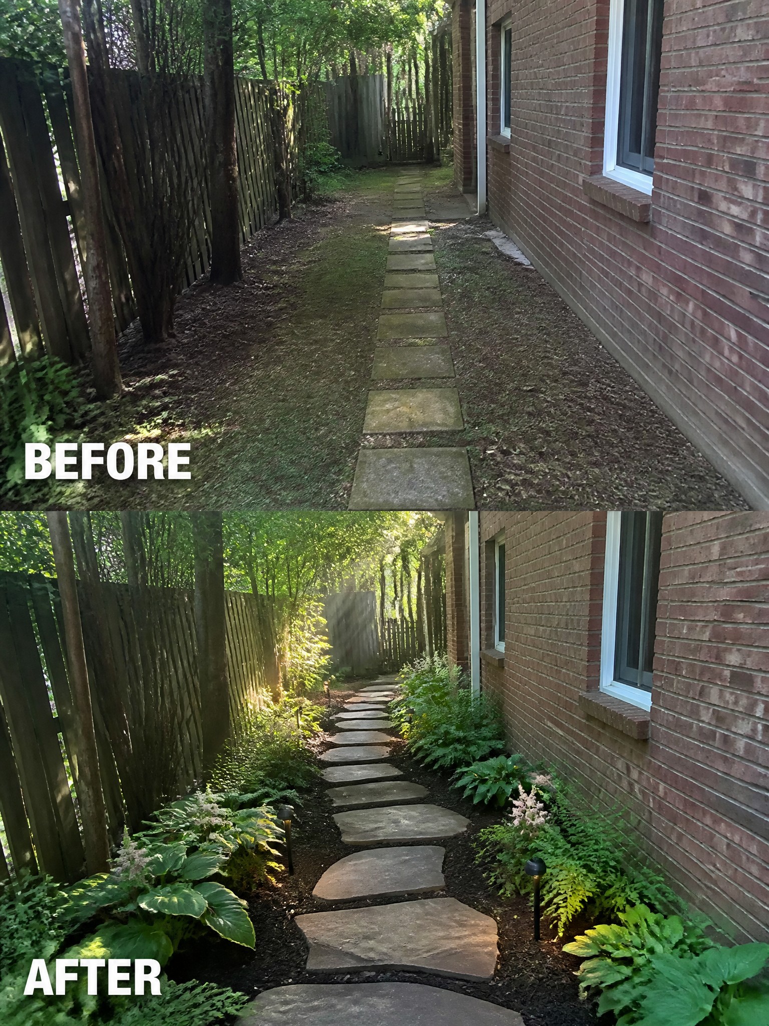 Before and after of stone path enhanced with mulch, plants, and solar lights.