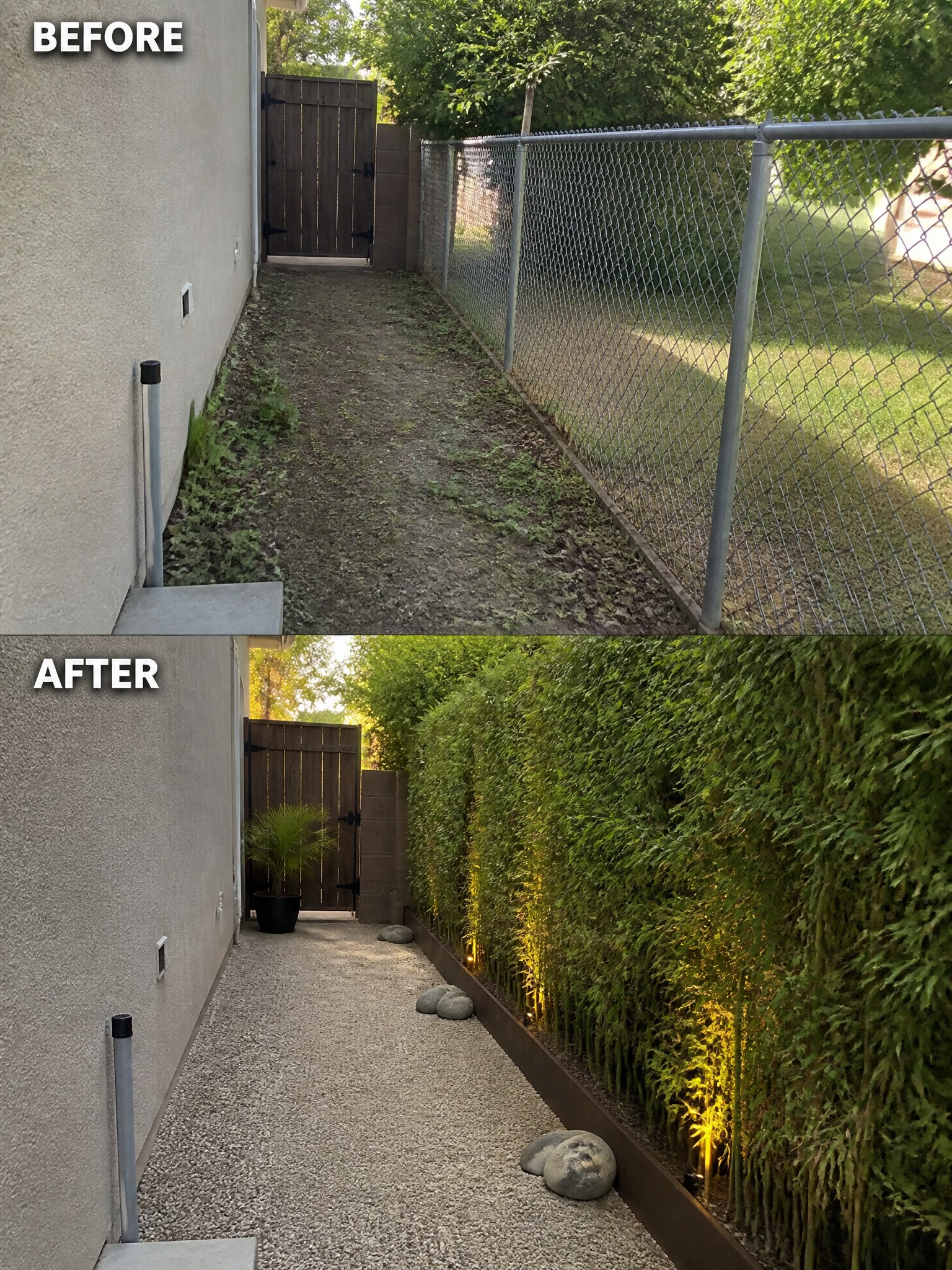 Before and after of narrow yard path upgraded from dirt to gravel with lit hedge