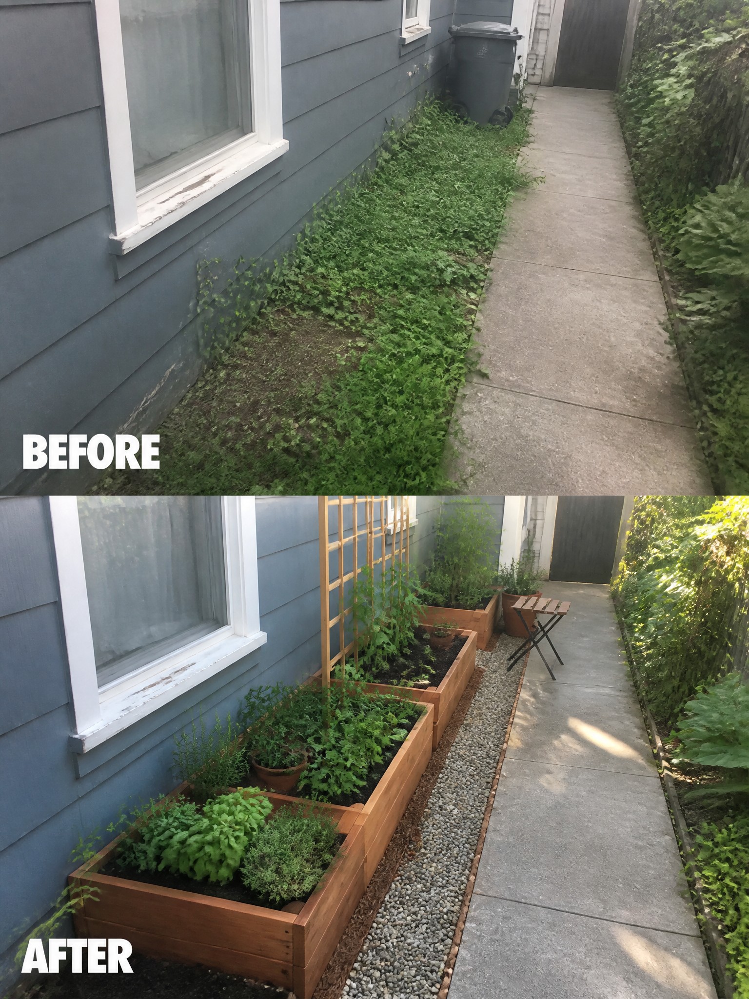 Before-and-after image of an overgrown side yard next to a house changed into organized raised wooden garden beds with plants and gravel edging.