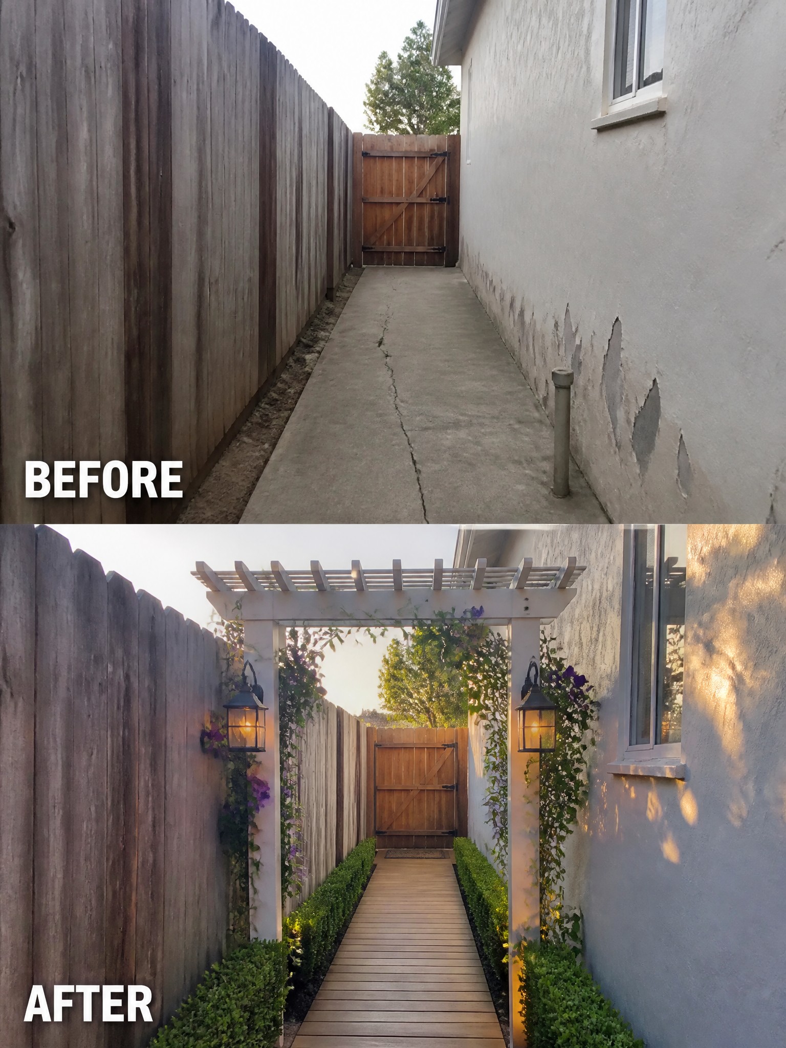 Before-and-after alleyway makeover with white pergola, wooden path, lanterns, and purple flowers.