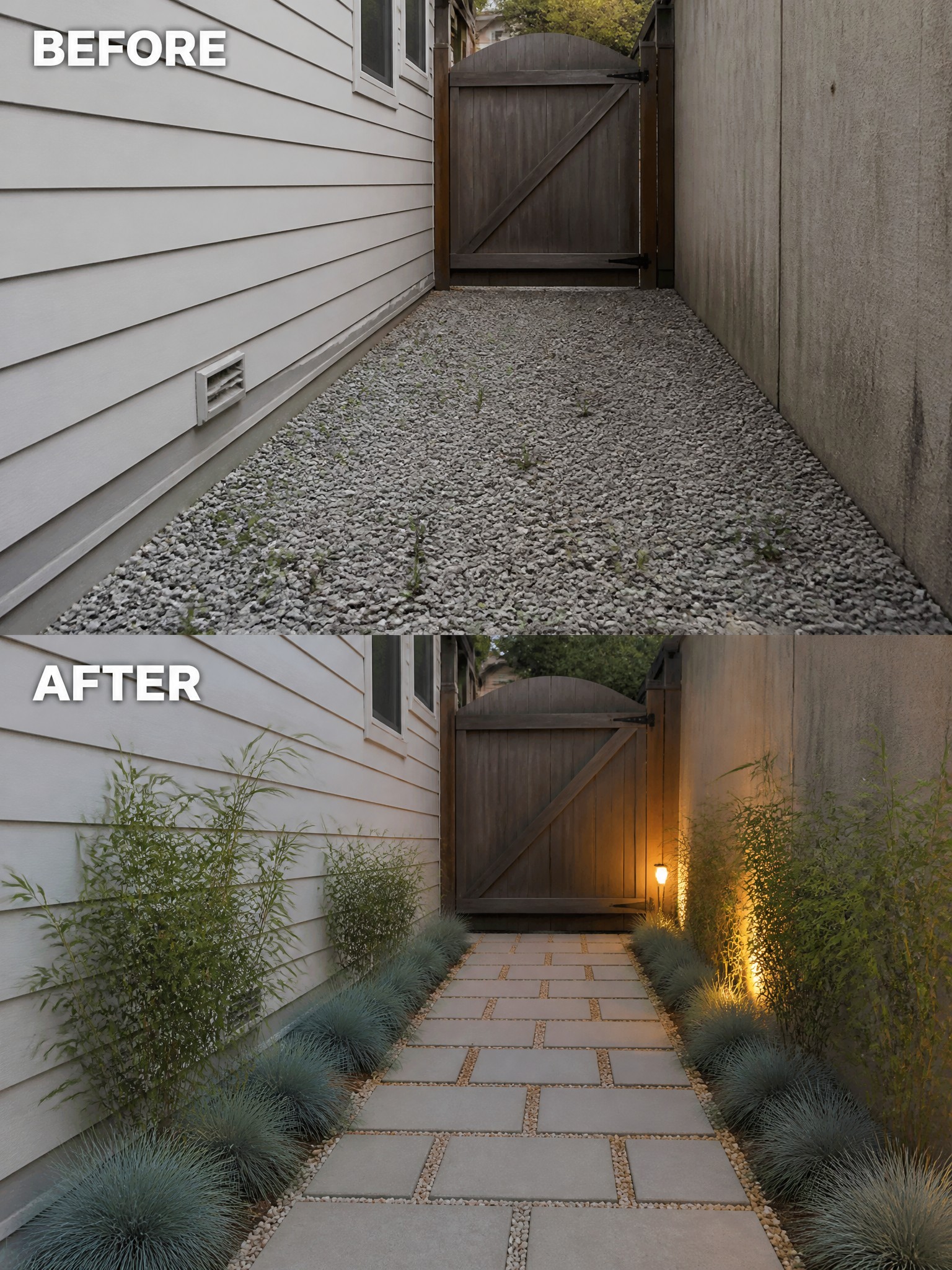 Before-and-after image of a narrow side yard showing gravel replaced by a paver path with planted borders and lighting.