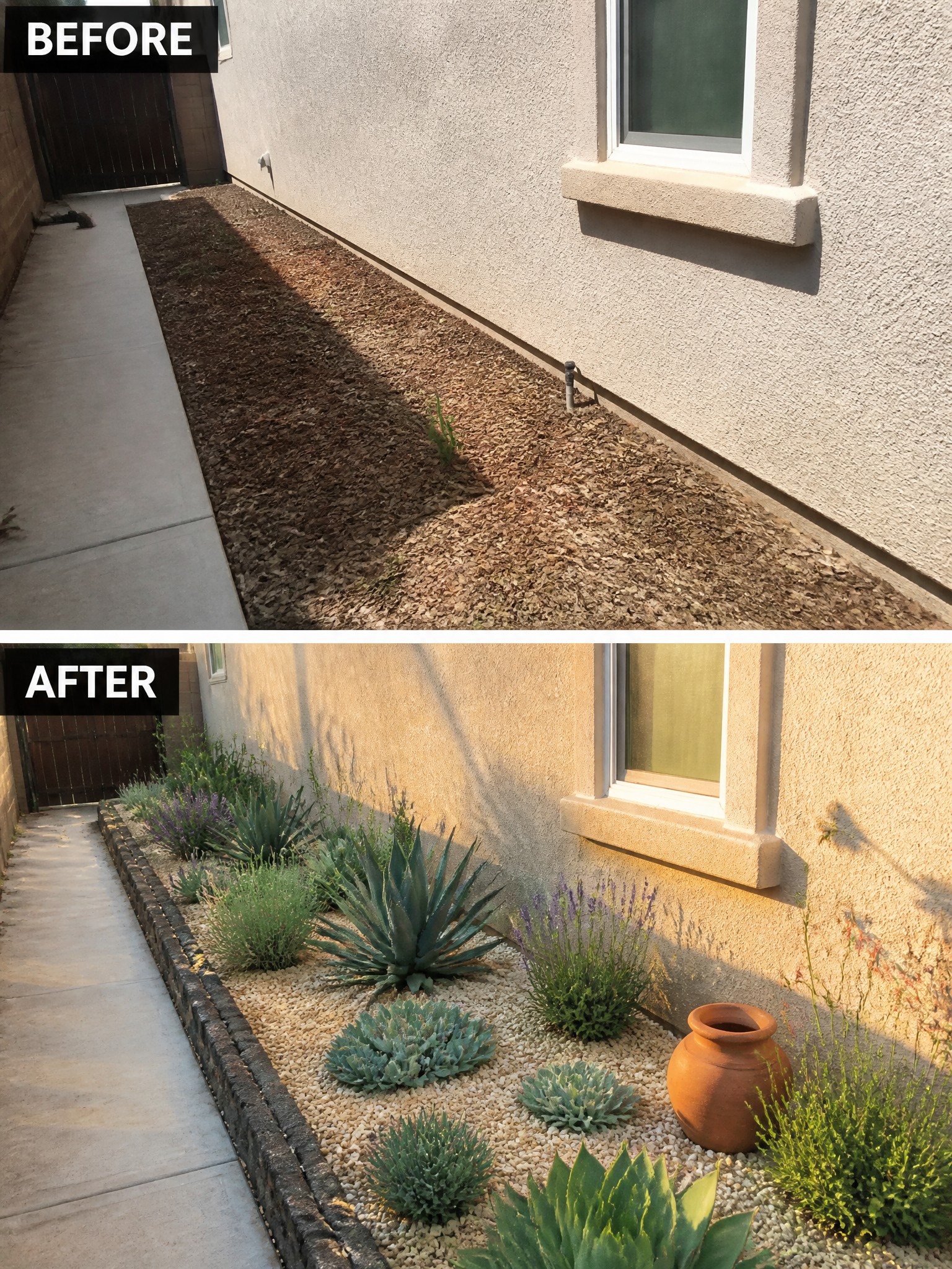Before-and-after garden bed transformation with succulents, gravel, lavender, and clay pot.