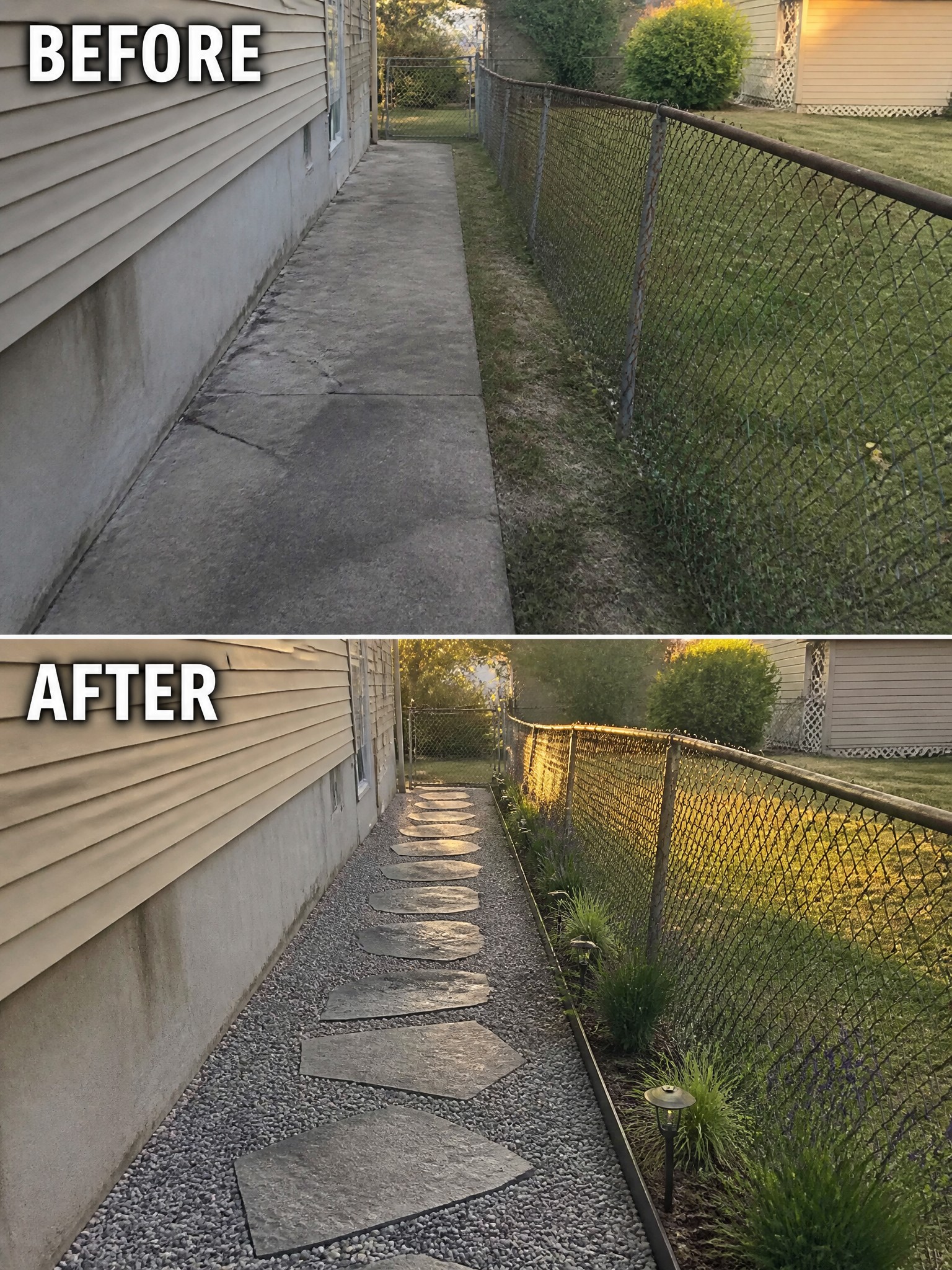 Before and after of concrete path upgraded to stepping stones, gravel, and plants along fence.