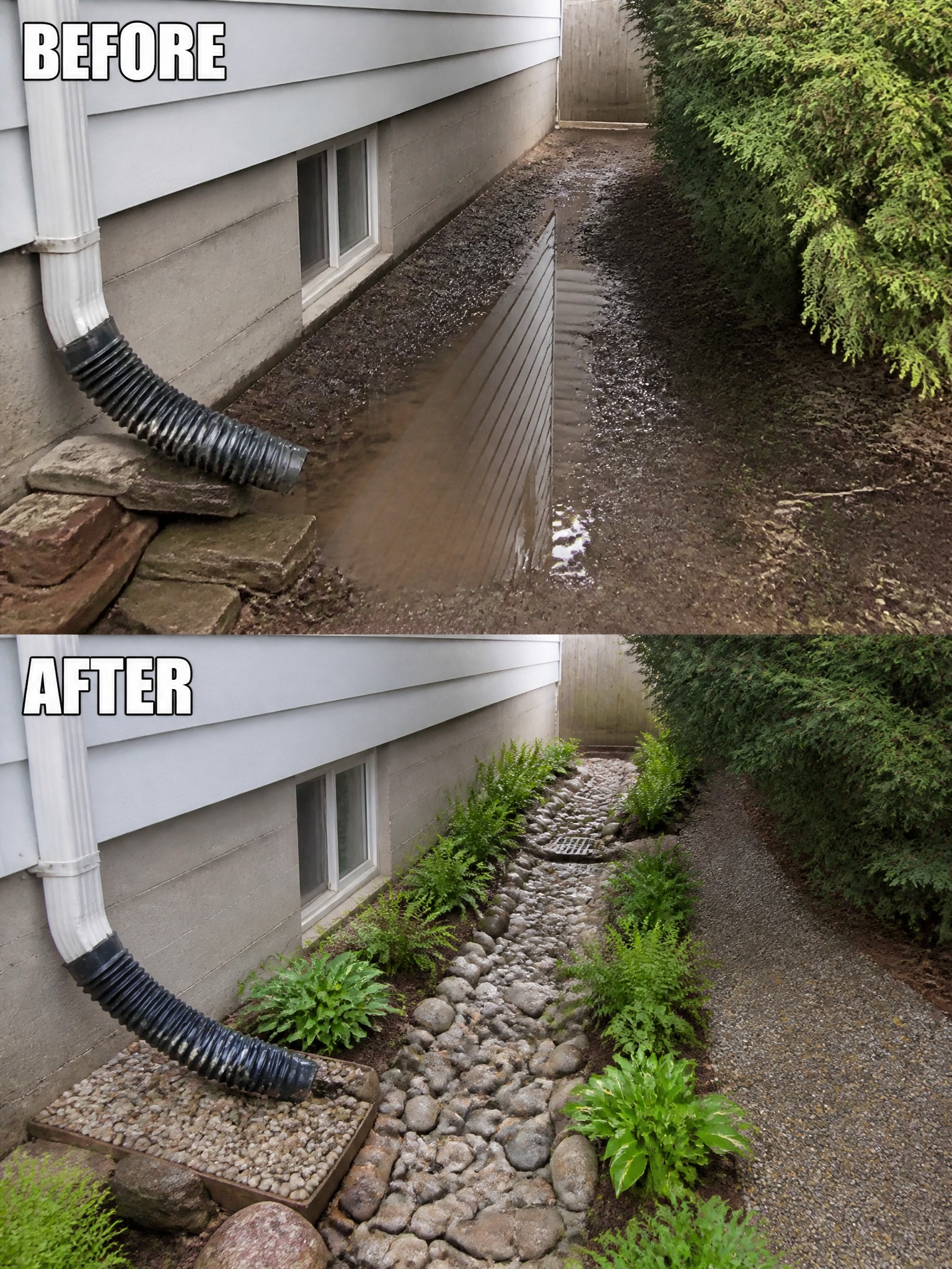 Before-and-after house exterior showing muddy drainage transformed into rock garden with plants