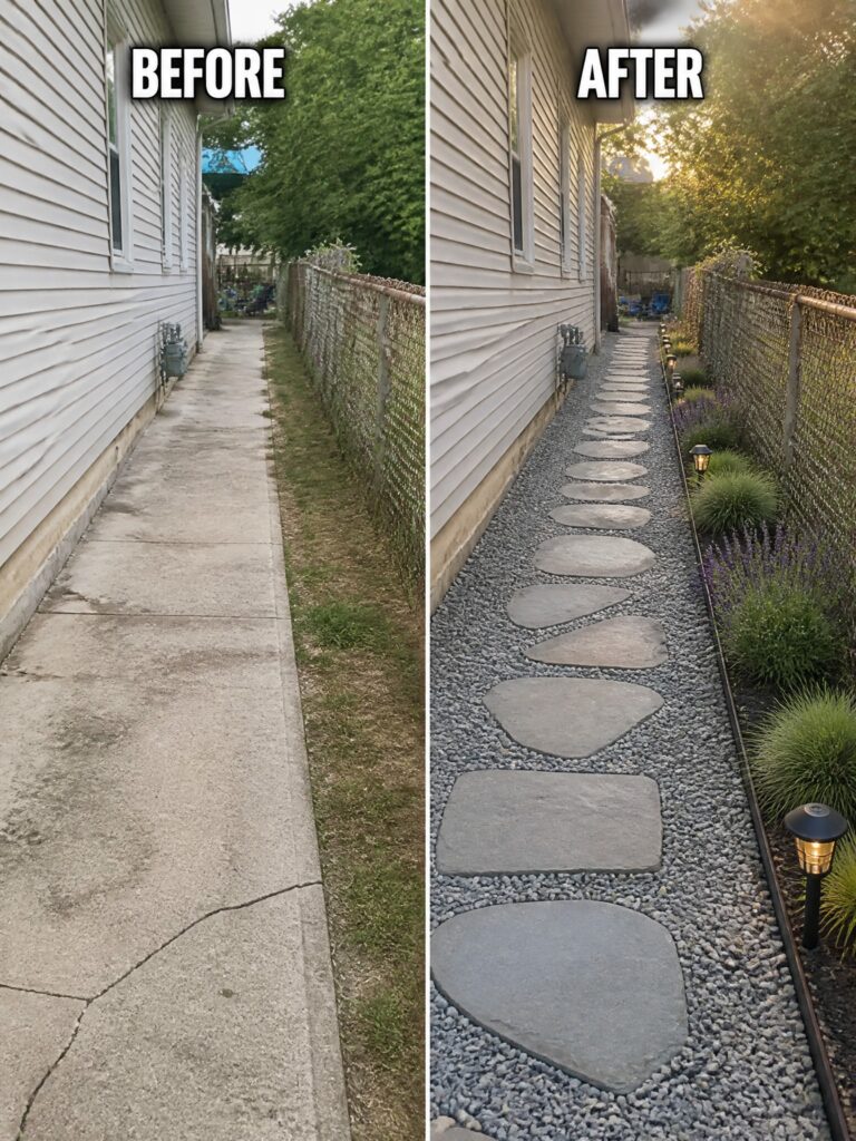 20 Beautiful Side Yard Before and After Ideas for Narrow Areas Before and after of concrete path upgraded to stepping stones, gravel, and plants along fence.