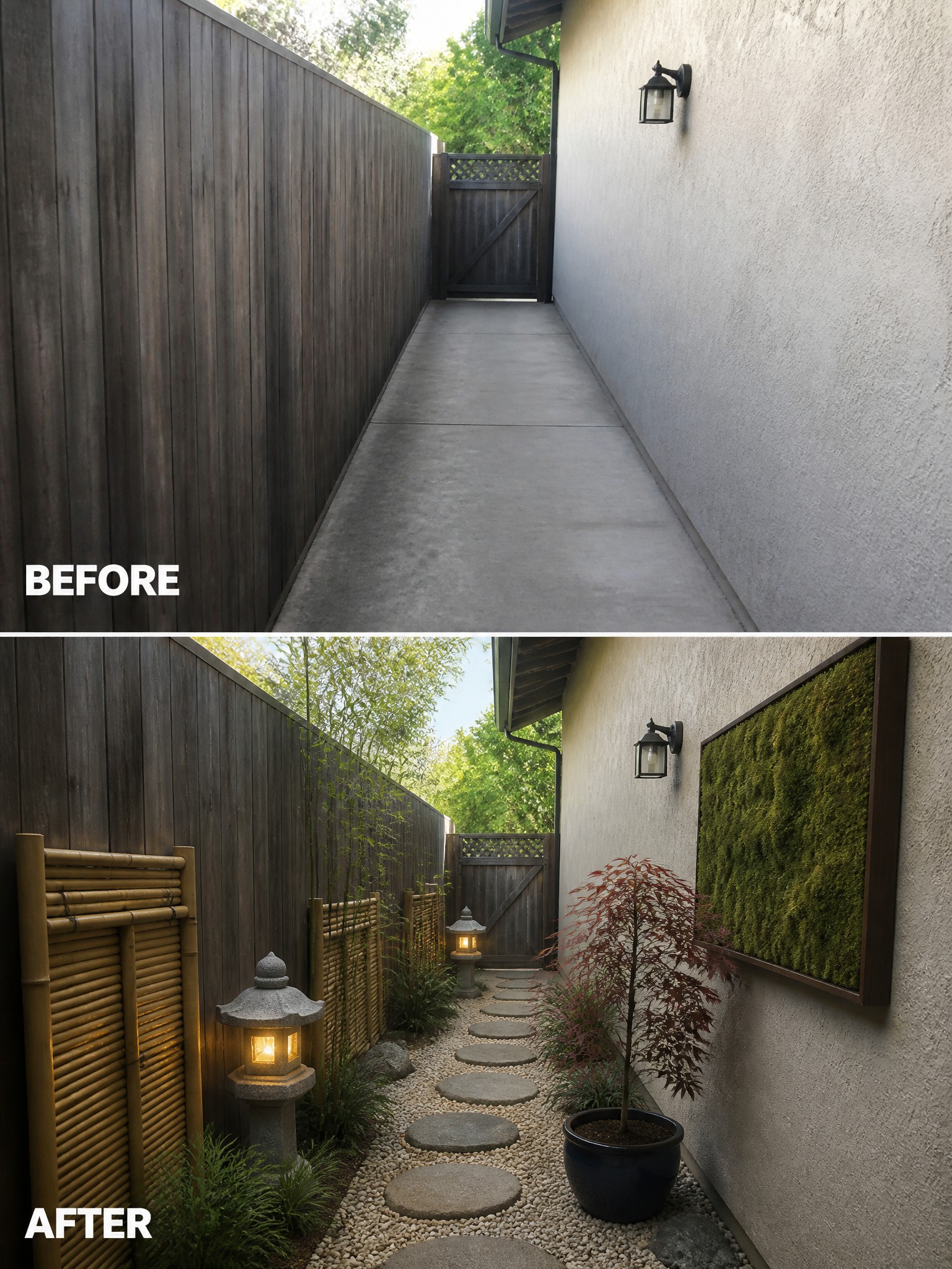 Before and after of a narrow concrete walkway transformed into a lush garden path.