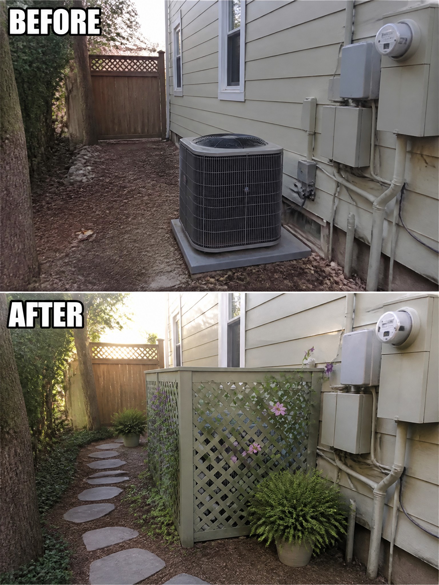 Before and after of AC unit screened by green lattice with plants and path