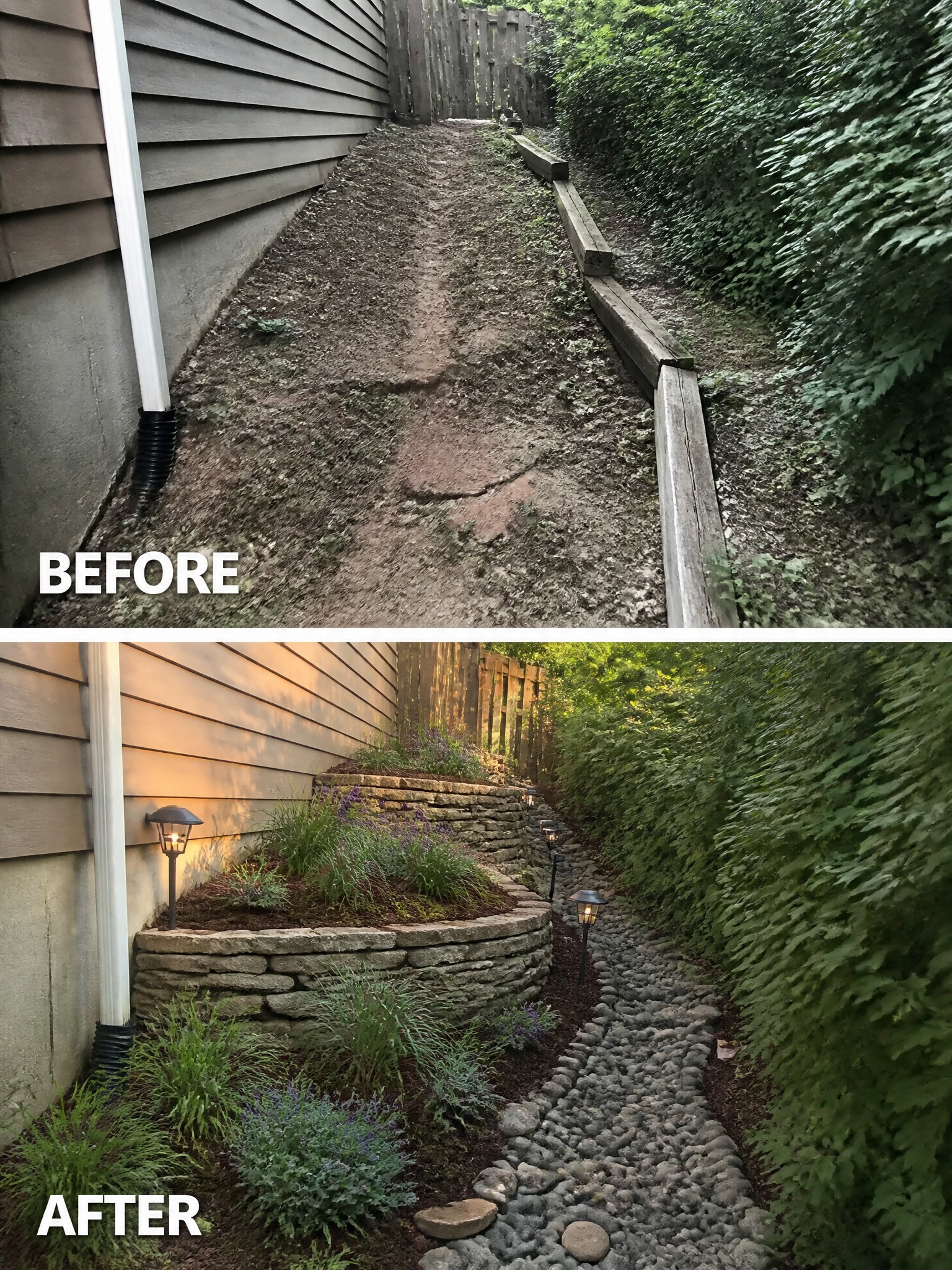 Before and after sloped yard with stone walls, plants, gravel path and lights