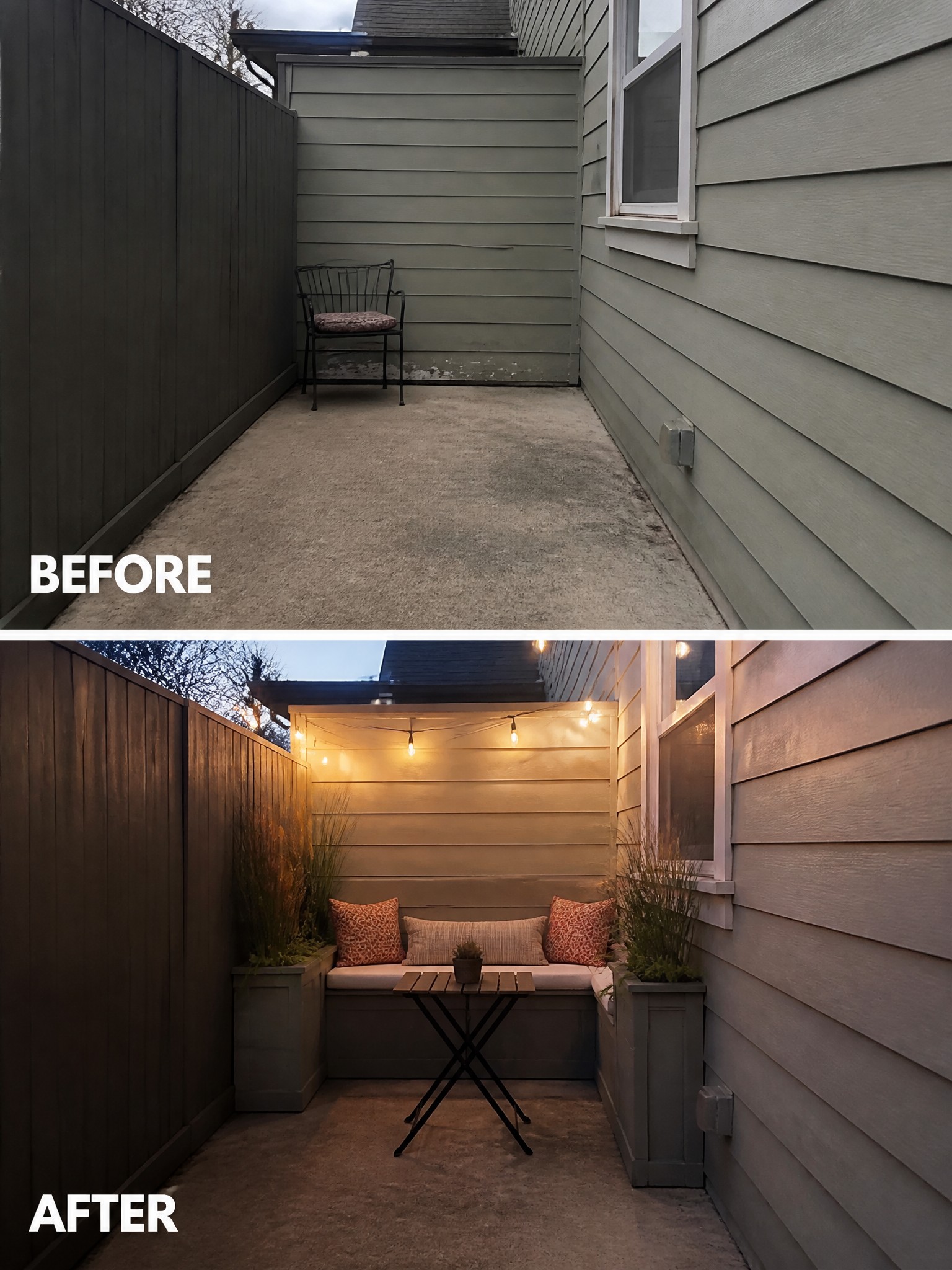 Before-and-after image of a narrow side yard changed from a bare concrete space with one chair into a furnished seating area with built-in benches, pillows, string lights, and planters.