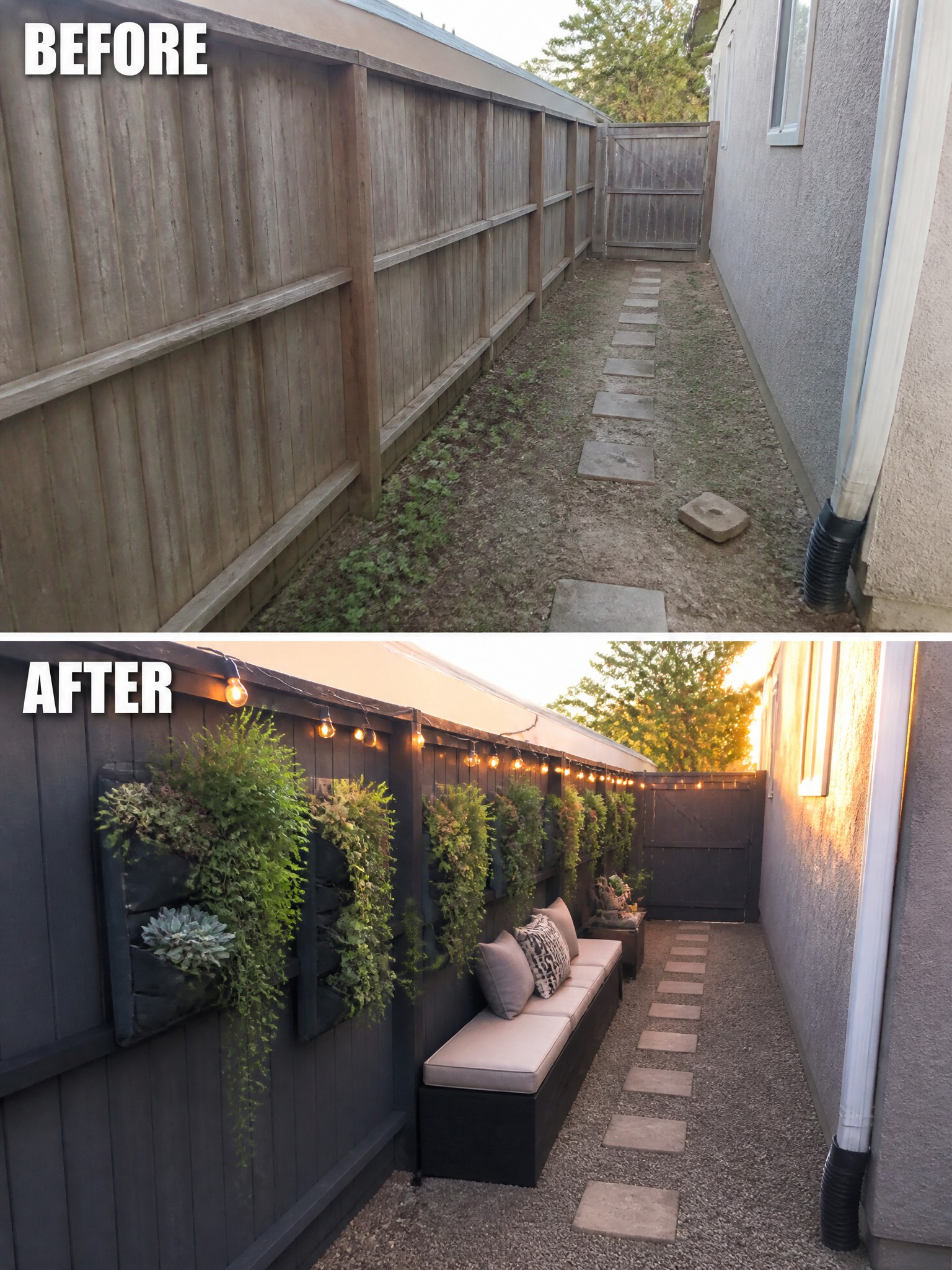 Before-and-after of narrow yard: wooden fence to dark panels with vertical gardens, lights, bench.