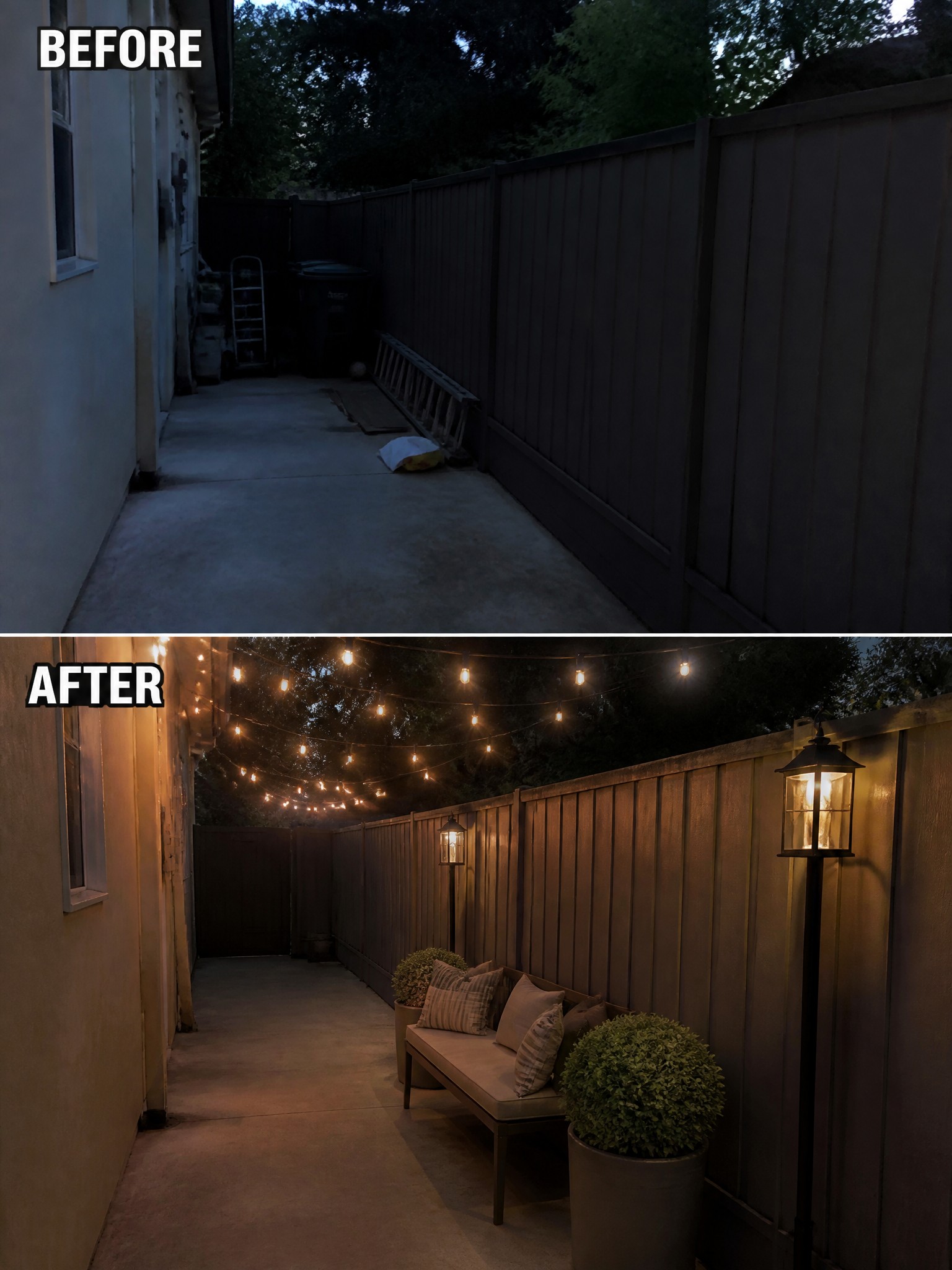 Before-and-after image of a bare concrete side yard changed into a seating area with string lights, a bench, and potted plants.