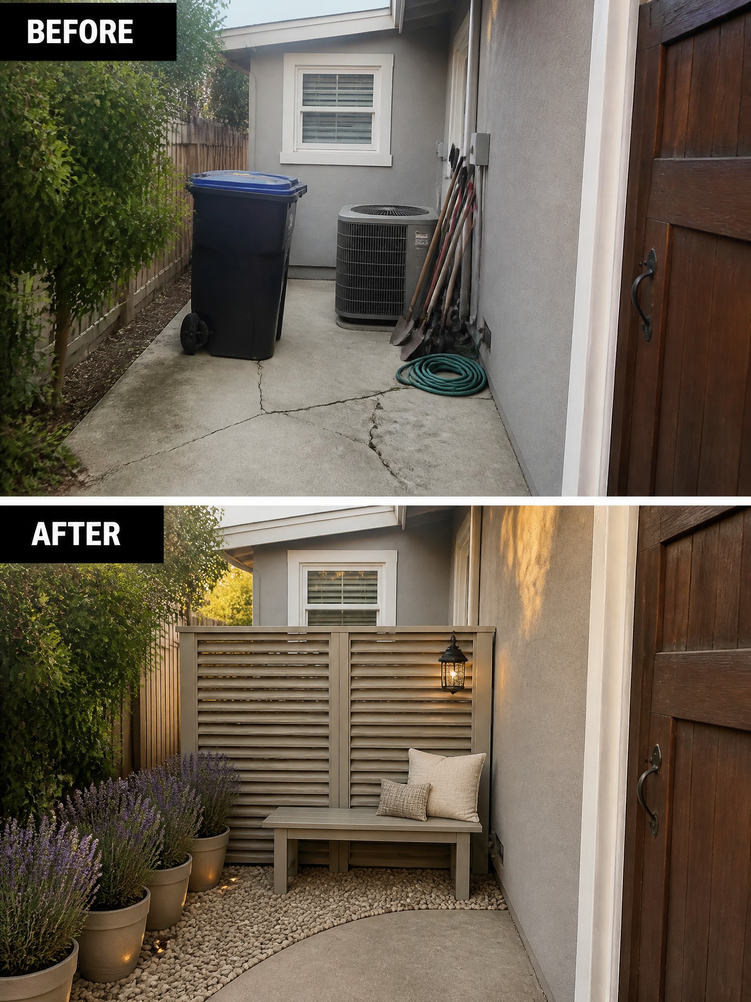 Before and after side yard with trash bin transformed into bench and lavender plants.