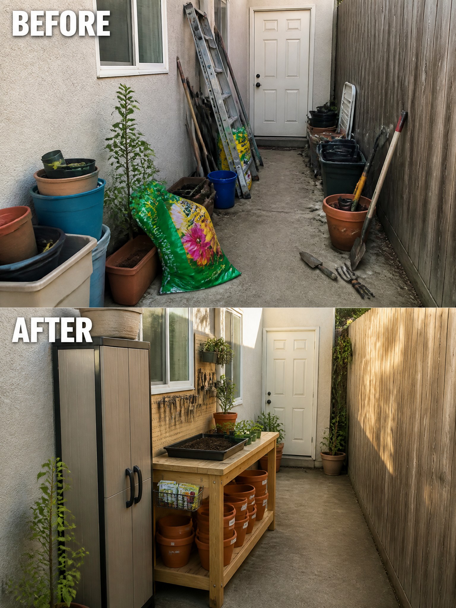 Before-and-after image of a cluttered narrow side yard changed into an organized gardening space with a potting bench, storage cabinet, and neatly arranged pots.