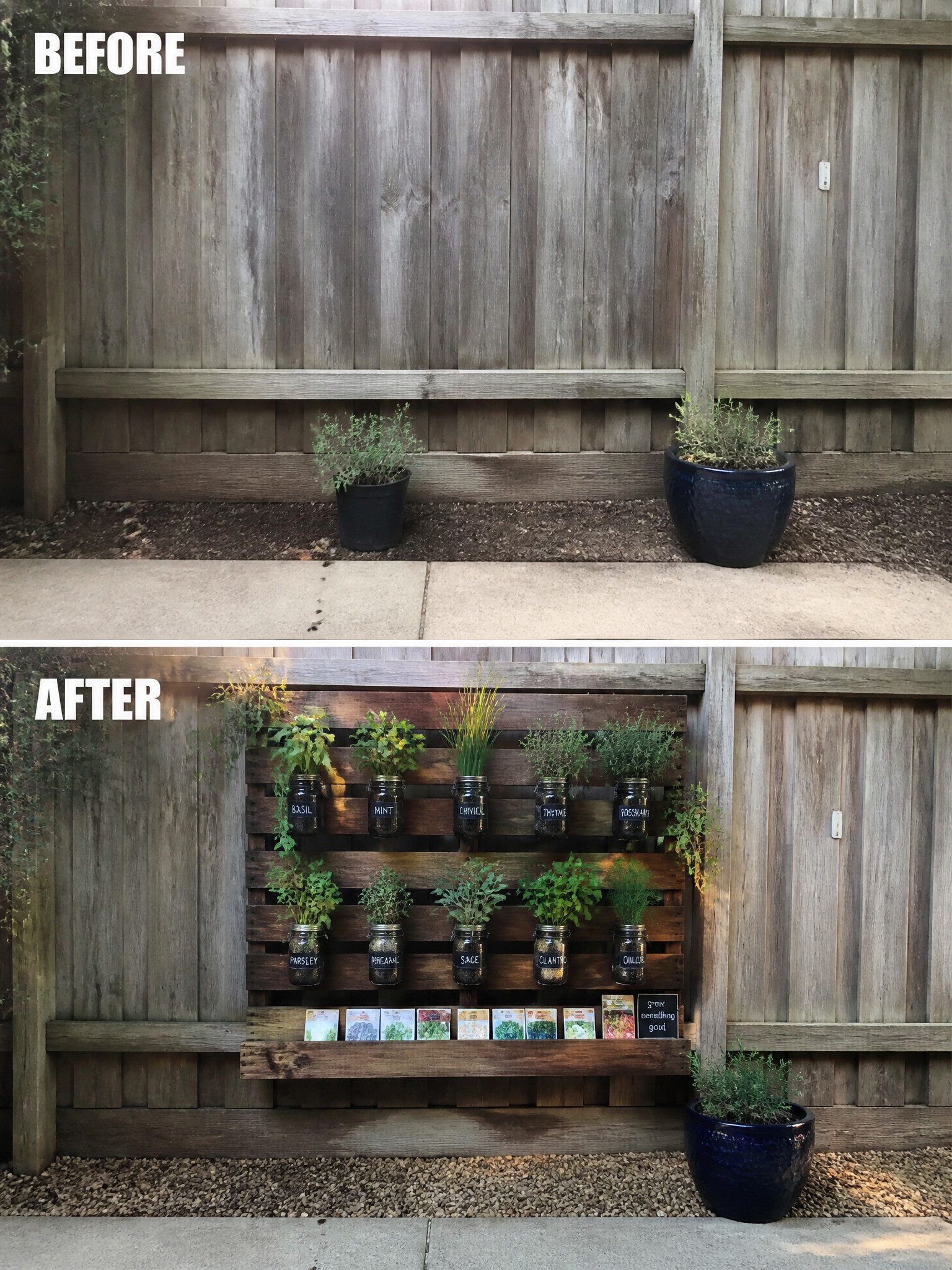 Before-and-after image of a plain wooden fence area with scattered pots transformed into a vertical pallet herb garden with labeled jars and a seed packet shelf.