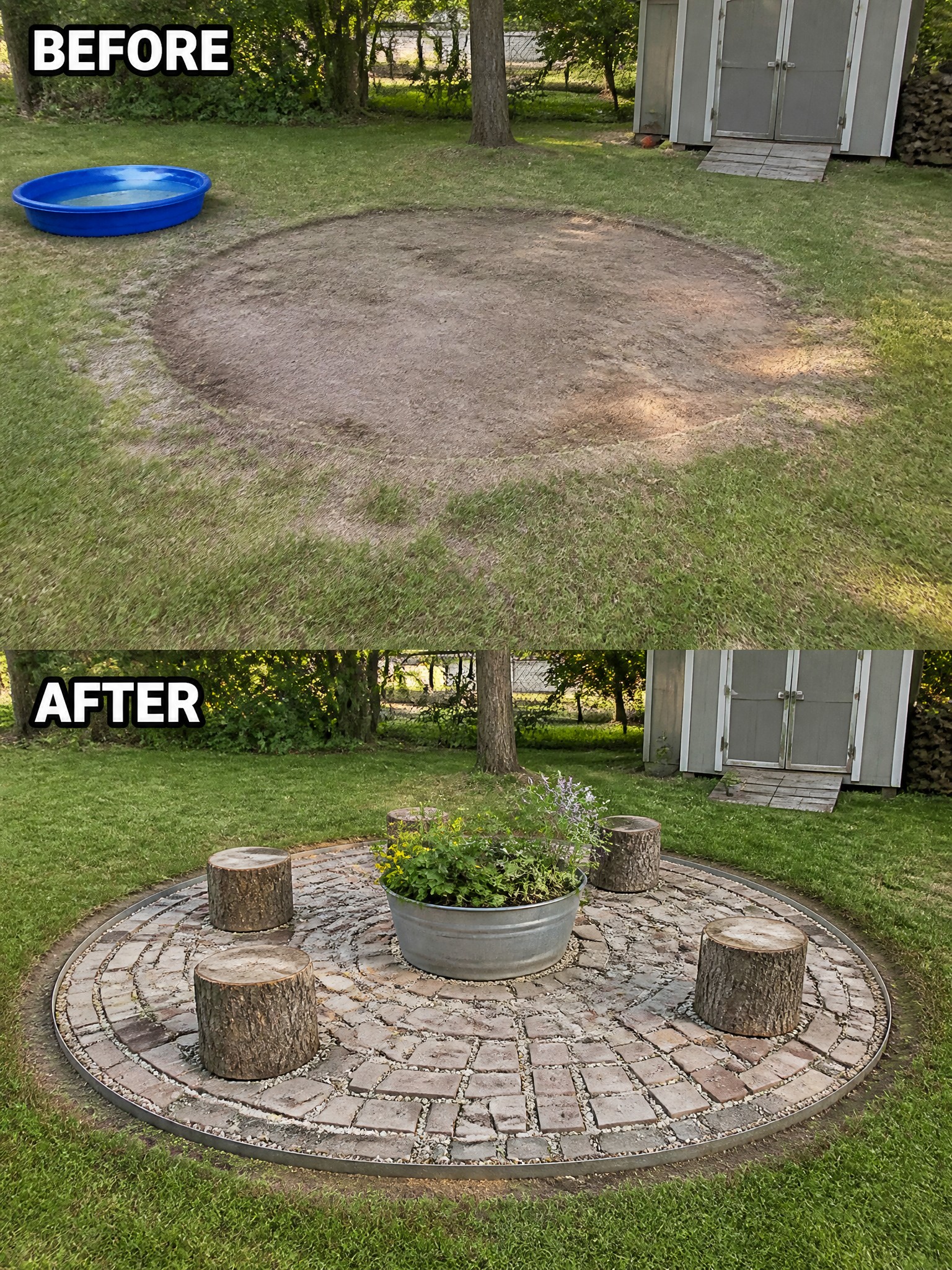 Before and after of dirt circle turned into brick patio with stumps and planter.
