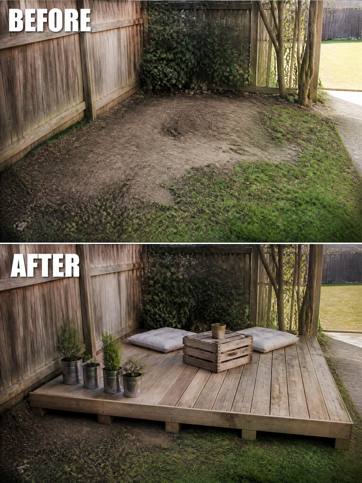 Before-and-after backyard: dirt patch transformed into wooden deck with cushions and potted plants