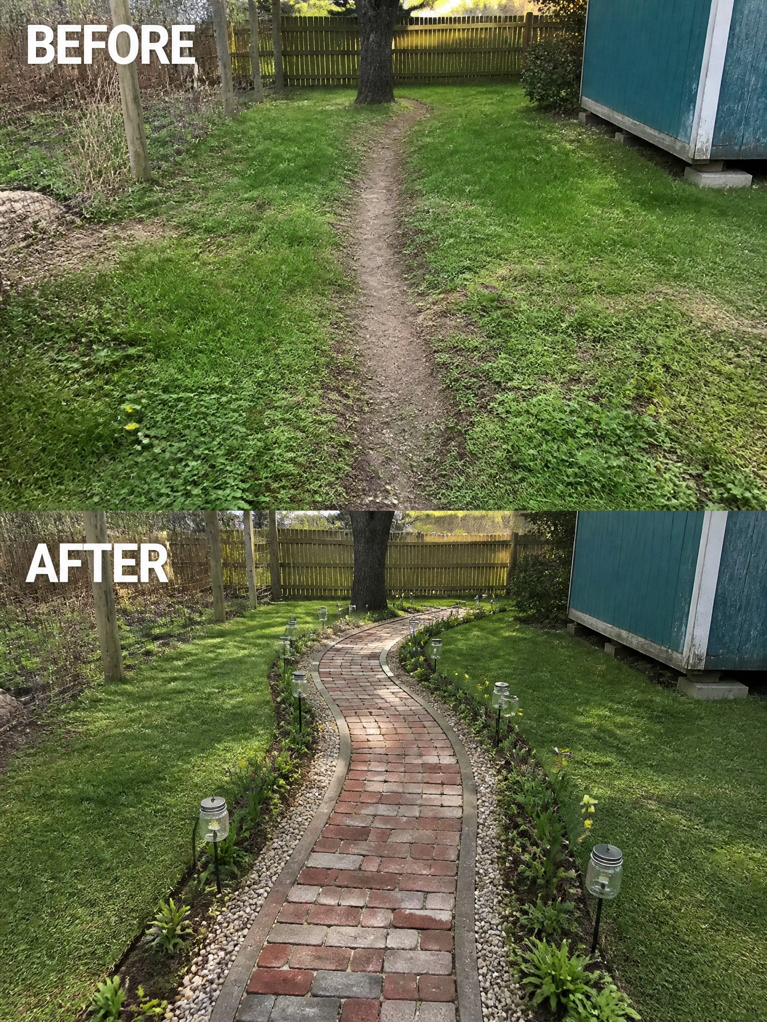 Before and after of dirt path transformed into brick walkway with lights and plants.