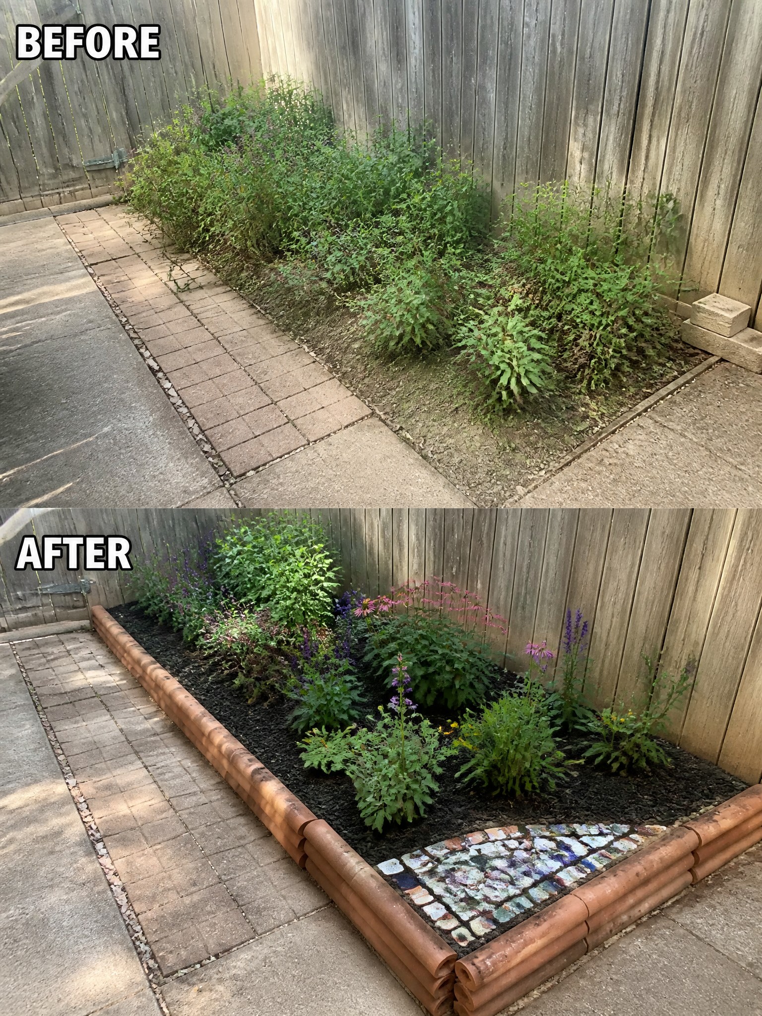 Before-and-after garden bed with weeds replaced by flowers, mulch, and terracotta border.