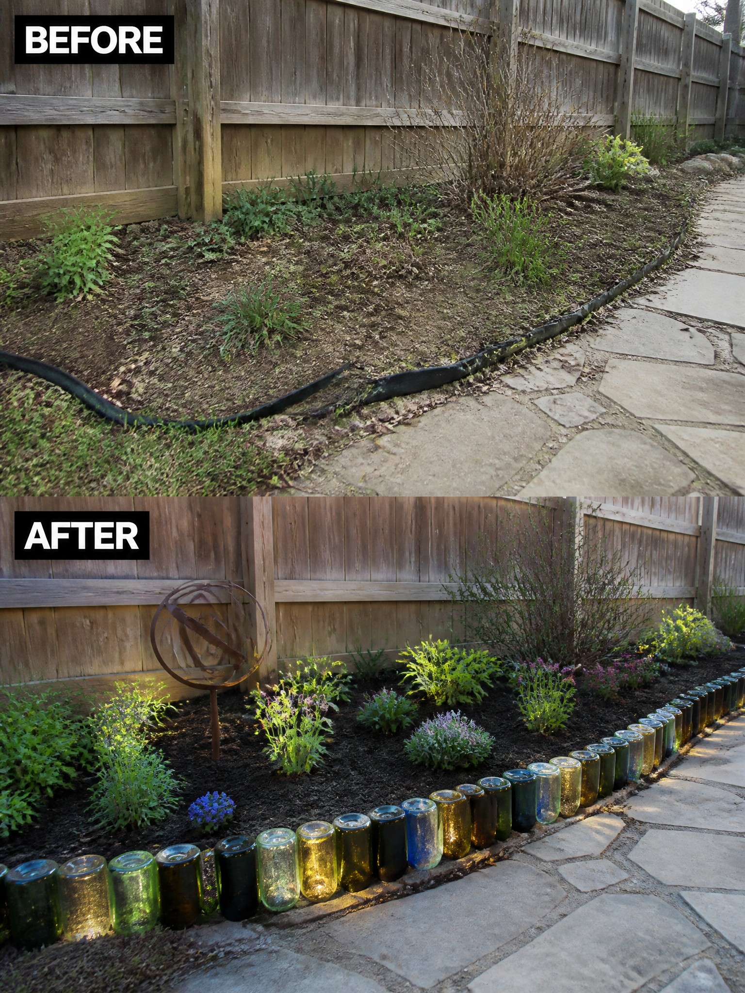 Before-and-after image of an overgrown garden bed changed into a defined planting area with a border made from reused glass bottles.
