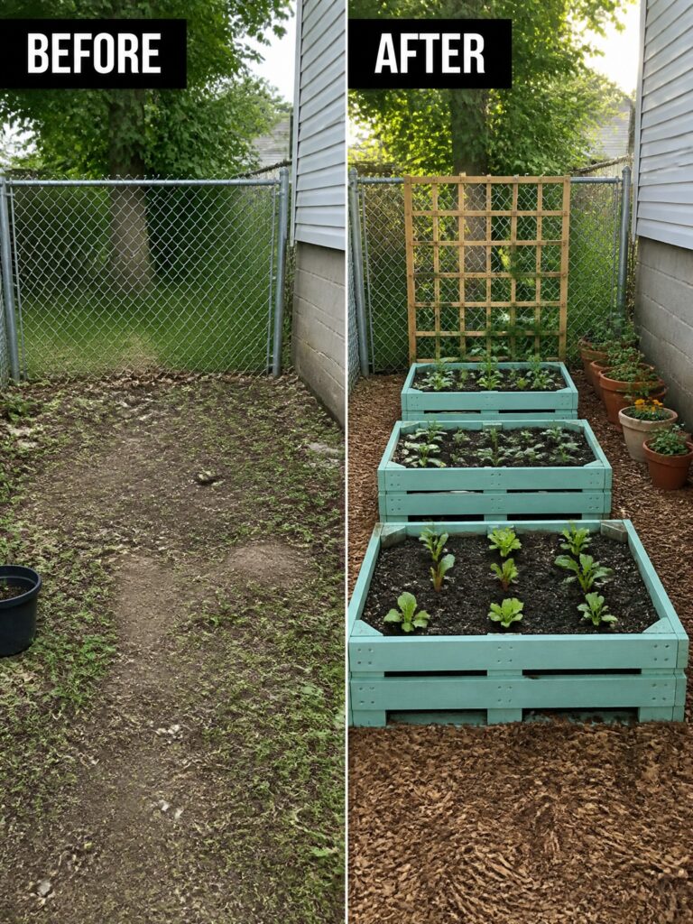 Before and after of weedy yard transformed into raised garden beds with trellises