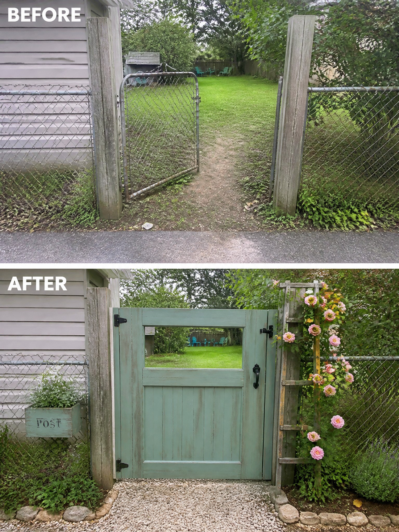 Before and after of chain-link gate replaced by green wooden gate with roses.