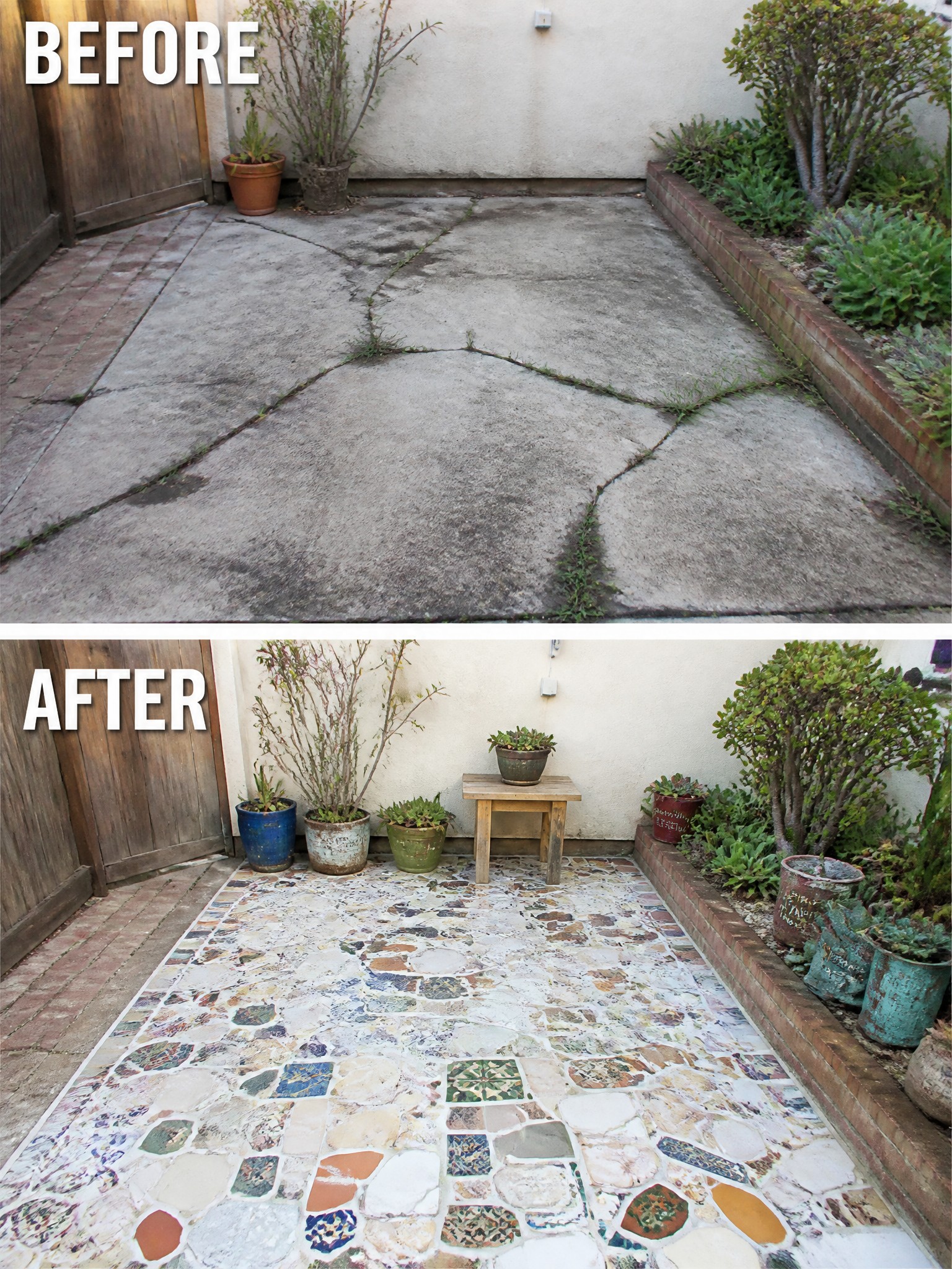 Before-and-after patio: cracked concrete replaced by colorful pebble mosaic with potted plants.