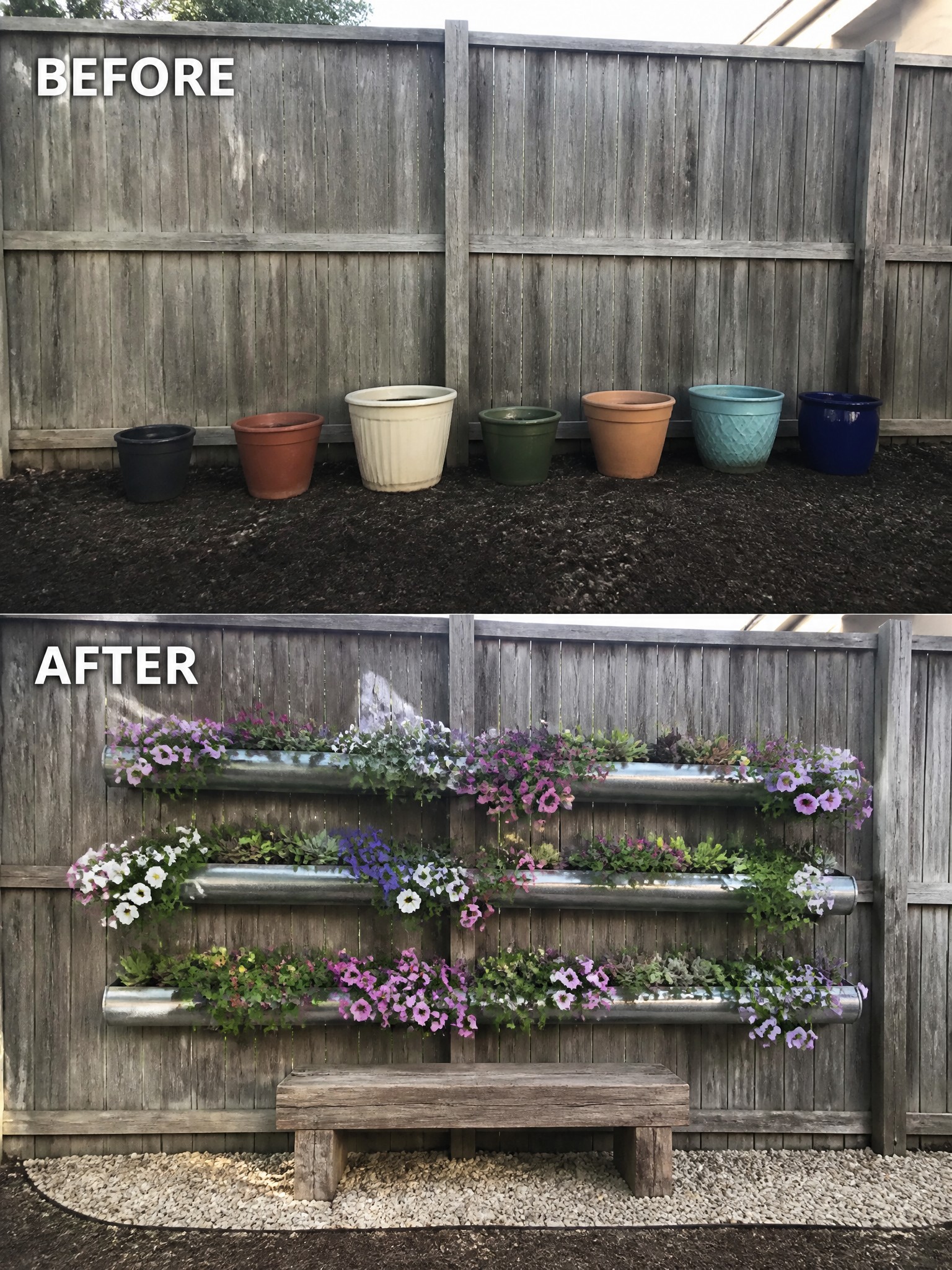 Before: empty pots on dirt; after: colorful flowers in tiered metal planters above bench