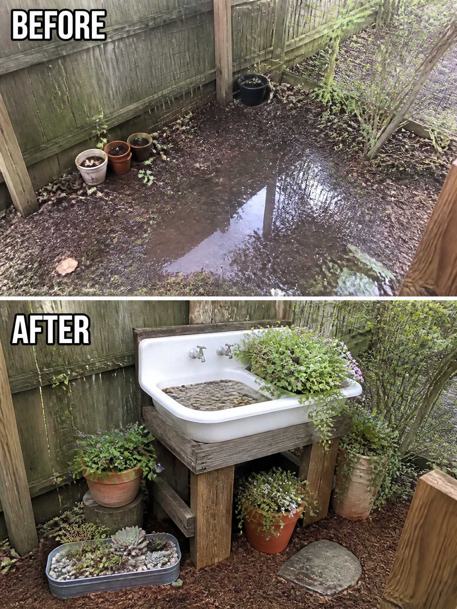 Before muddy yard and after white sink planter on wooden stand with flowers