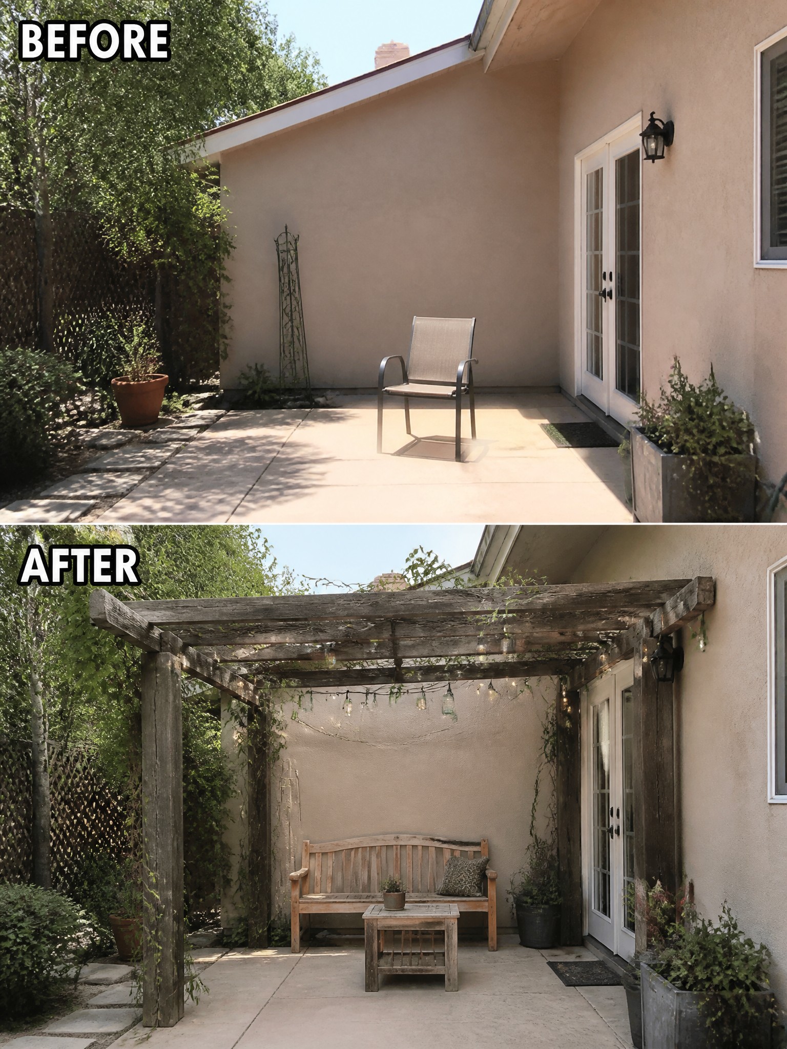 Before and after patio transformation with wooden pergola, lights, and bench.