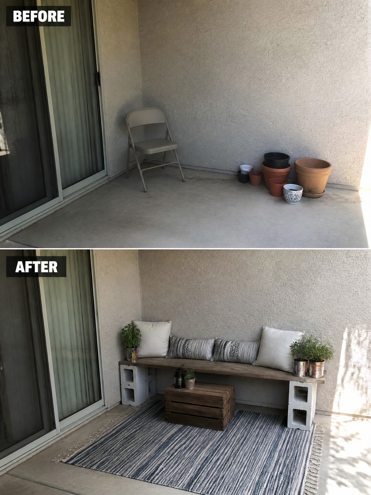 Before and after of patio with DIY cinder block bench, pillows, rug and plants.