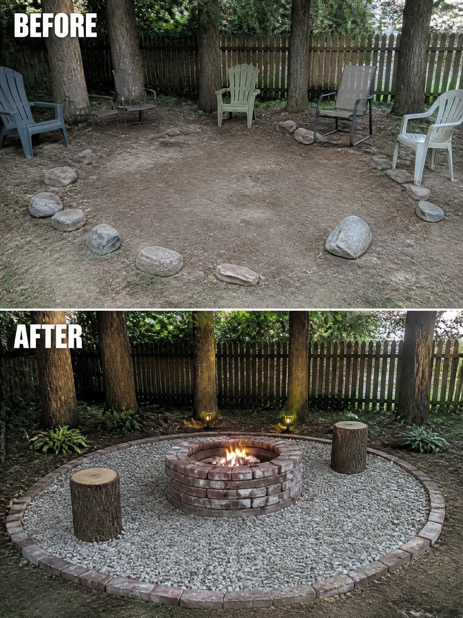 Before and after of backyard fire pit with rocks, chairs, and brick gravel circle.