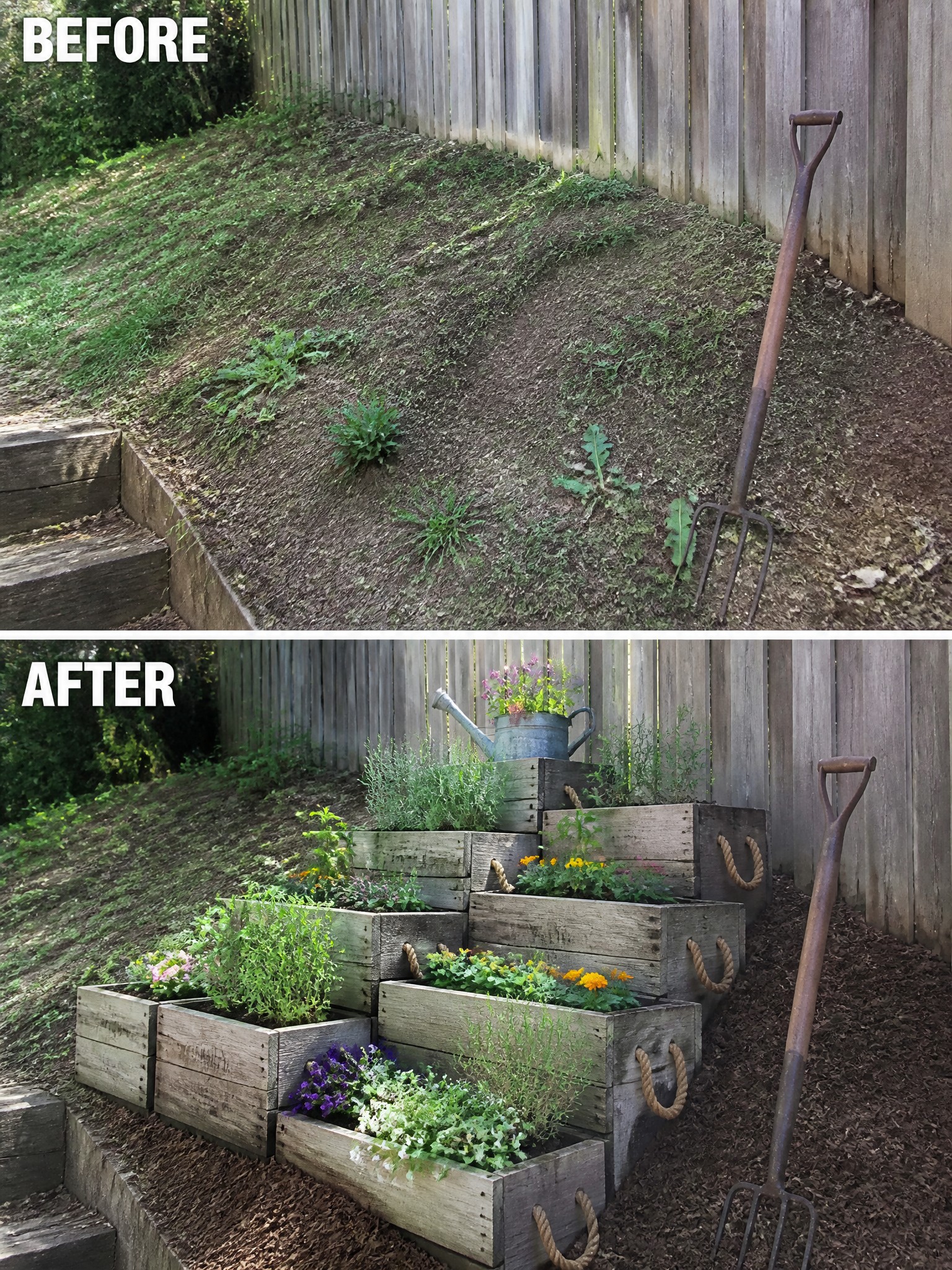 Before and after of weedy slope transformed with tiered wooden crate planters and flowers.