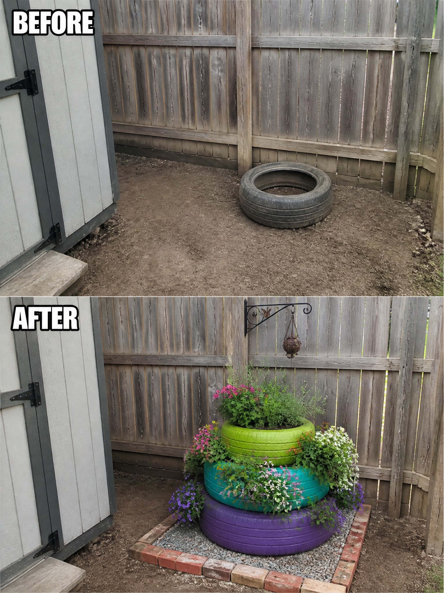 Before and after of stacked painted tires as colorful flower planters by wooden fence.