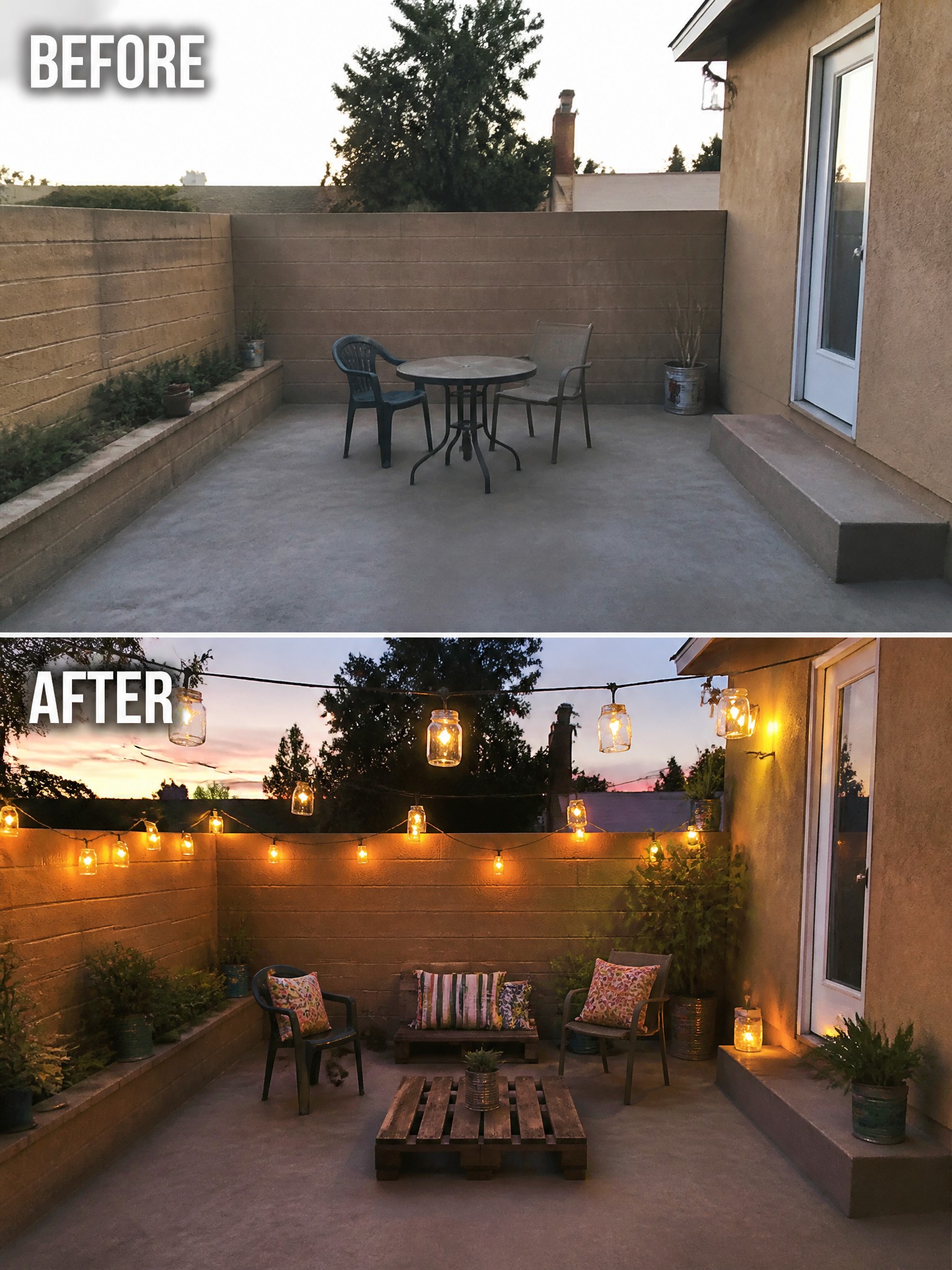 Before and after of patio with string lights, cushions, and pallet table.